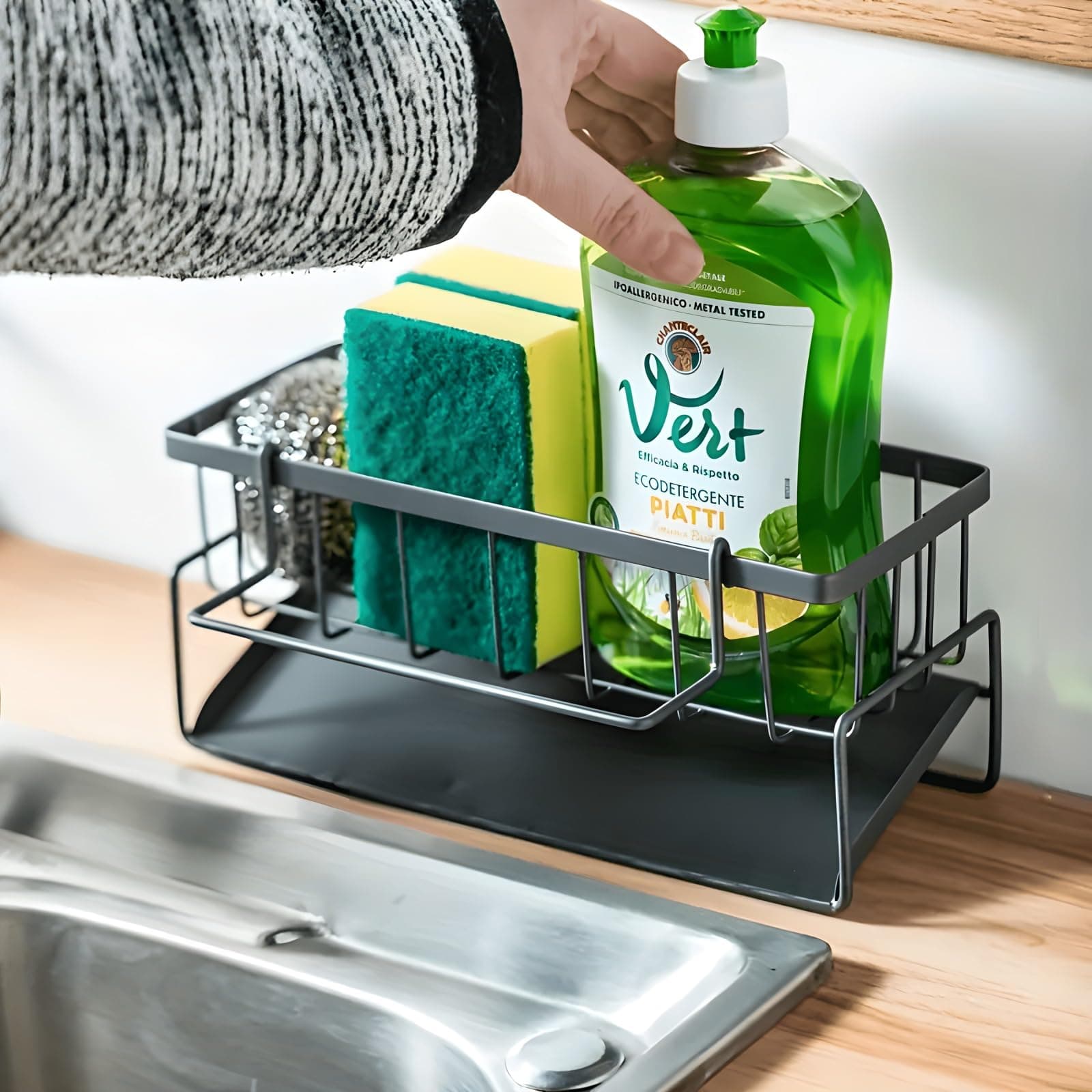 Cozy Nest Sink Caddy Sponge Holder with Auto Drain Tray Kitchen Sink Organizer and Storage Rack for Dish Soap Dispenser Brush Scrubbers Towel stand (Gray With Towel Holder)