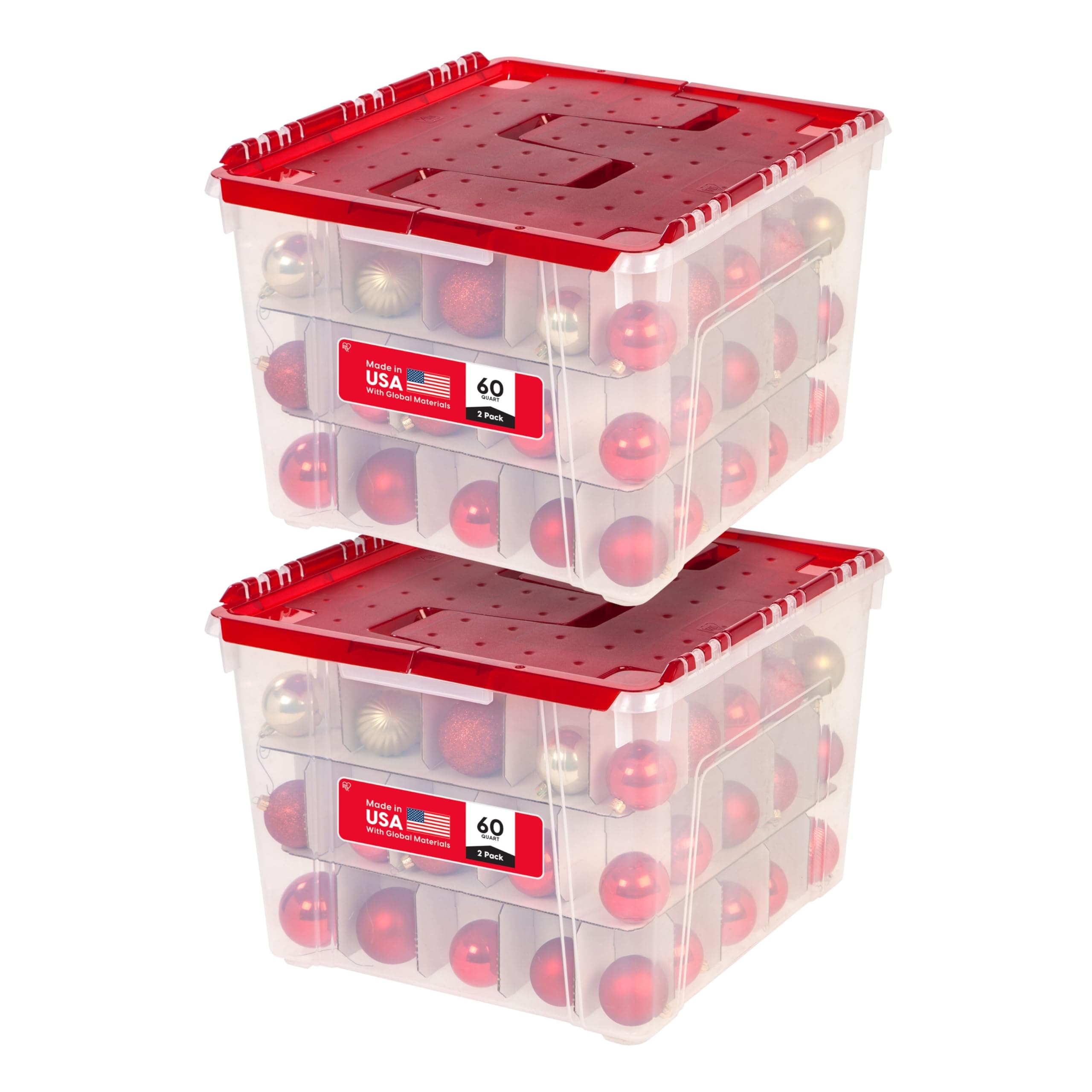 Ornament Storage Box with Attached Lid, Stores 75 Ornaments per Bin, 2-Pack, Stackable Durable Christmas Storage Organization Container Bin for Holiday Decorations and Accessories, Clear/Red