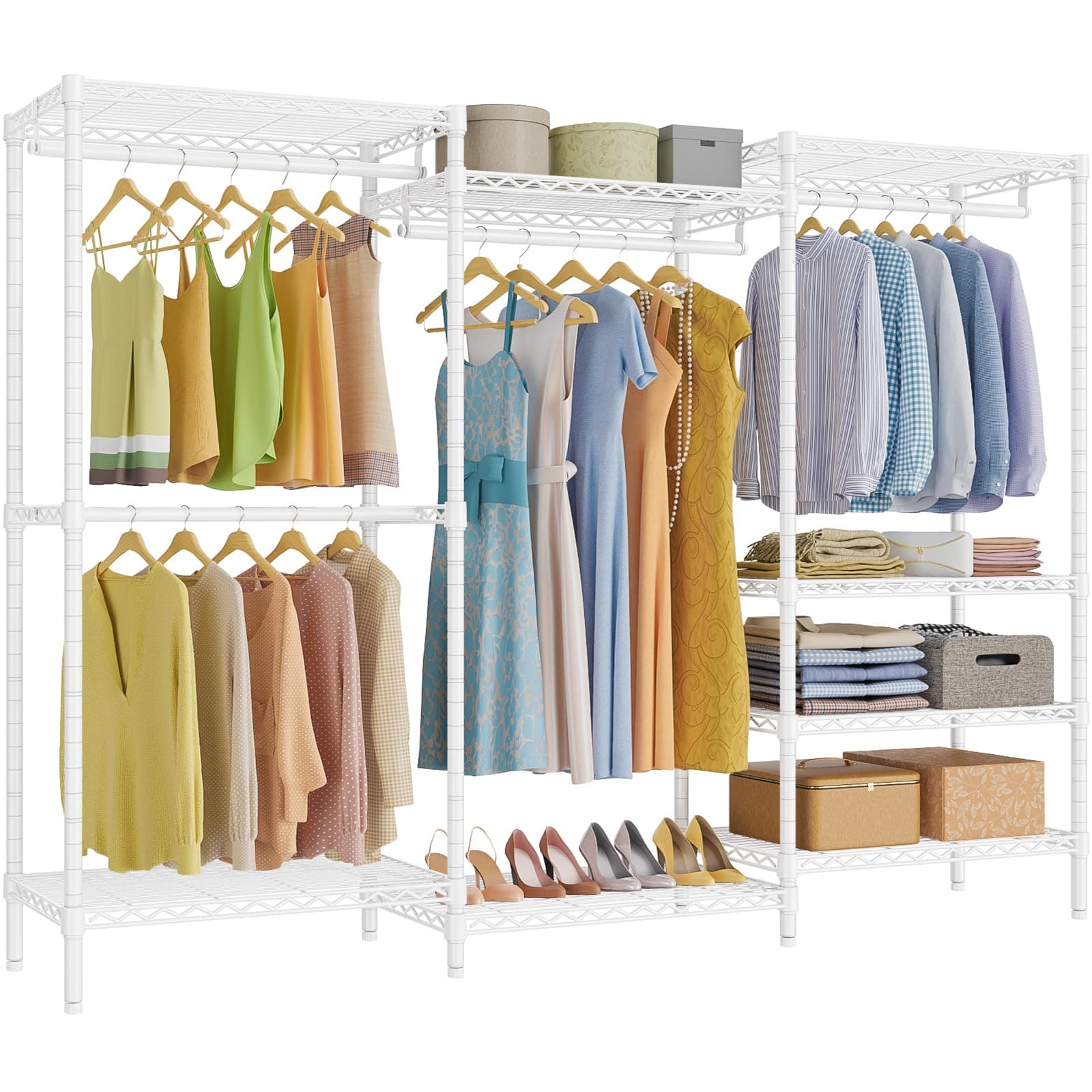 V5 Plus Portable Closet Wardrobe Heavy Duty Clothes Rack, Large Free Standing Closet Rack for Hanging Clothes, 85.4" L x 15.7" W x 76.4" H, White