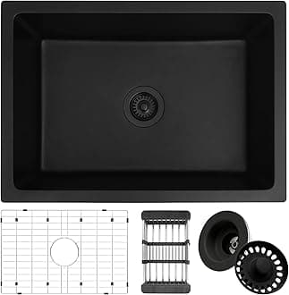 Black Kitchen Sink, Matte Black Granite Composite Kitchen Sink, 27 Inch Undermount Quartz Stone Kitchen Sinks, 27" x 18" x 9" Single Bowl Kitchen Sinks With Accessories