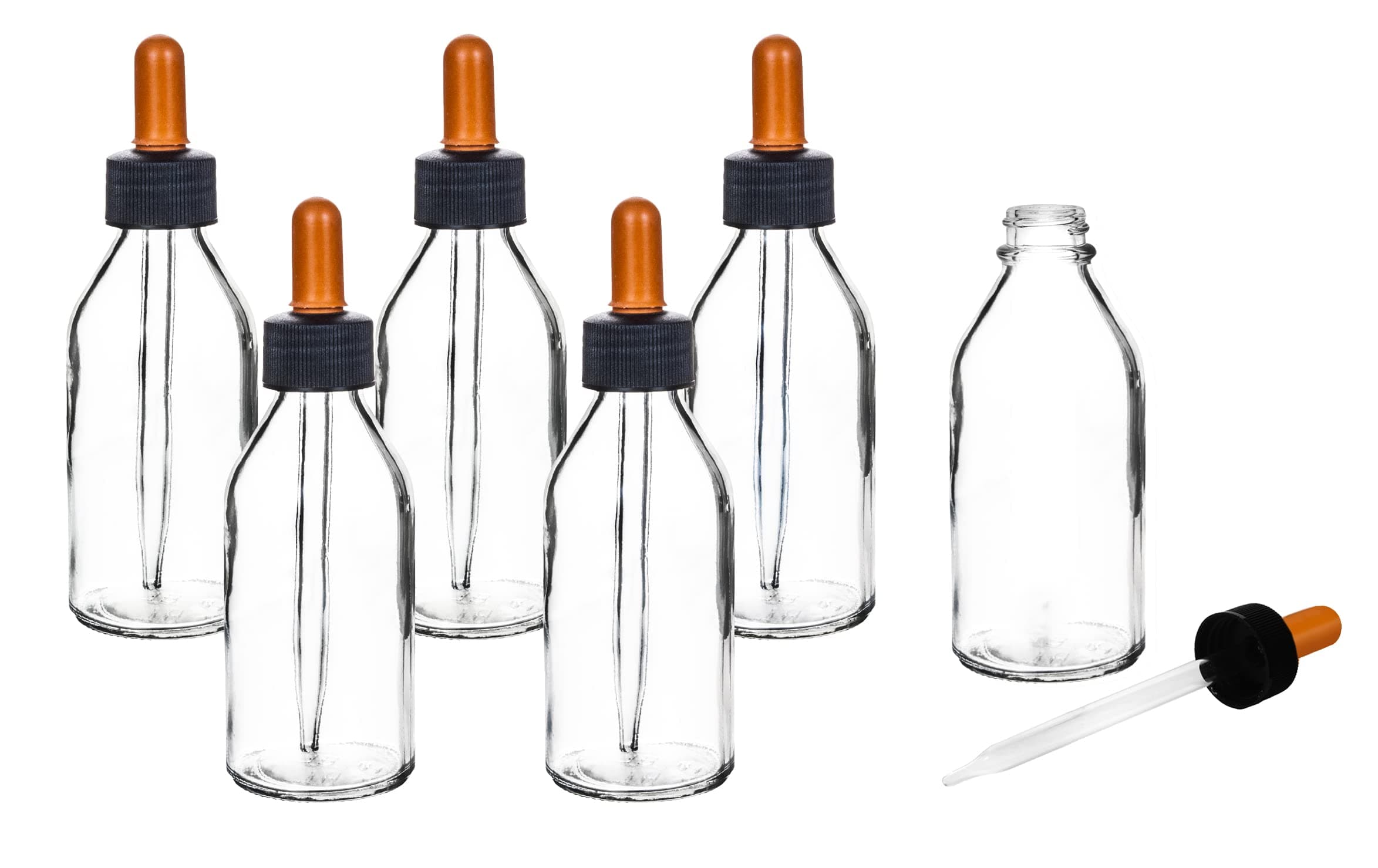 EISCO 6PK Dropping Bottles, 100ml (3.3oz) - Transparent Soda Glass - Screw Cap with Glass Dropper & Rubber Bulb Labs