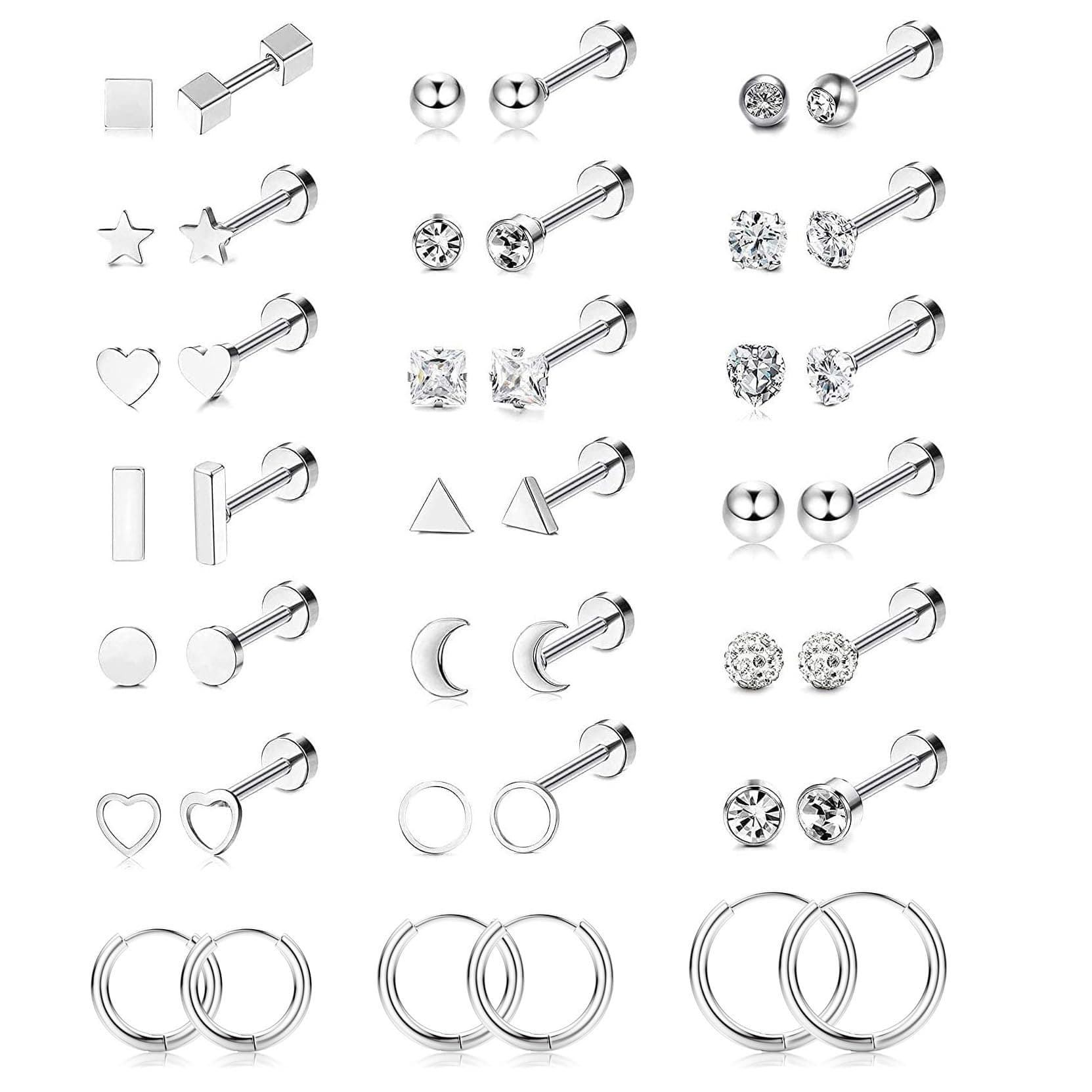 21 Pairs Tiny Flat Back Earrings Stud Hoop Earrings for Women Men Girl Stainless Steel Cartilage Helix Ear Piercing CZ Star Moon Heart Sleeping Earrings