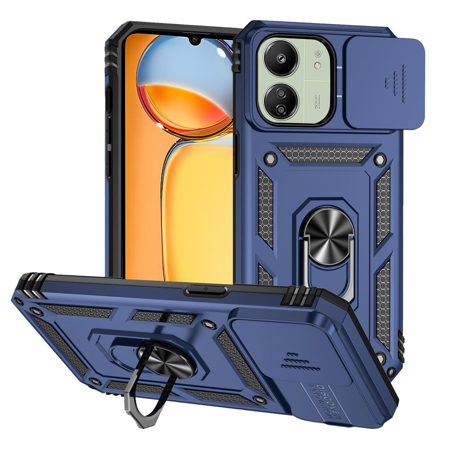 T Tersely for Xiaomi Redmi 13C Case with Camera Cover and Stand Kickstand Ring Military Grade Shockproof Protective Cover Back Wtih Car Magnetic Mount (Blue)