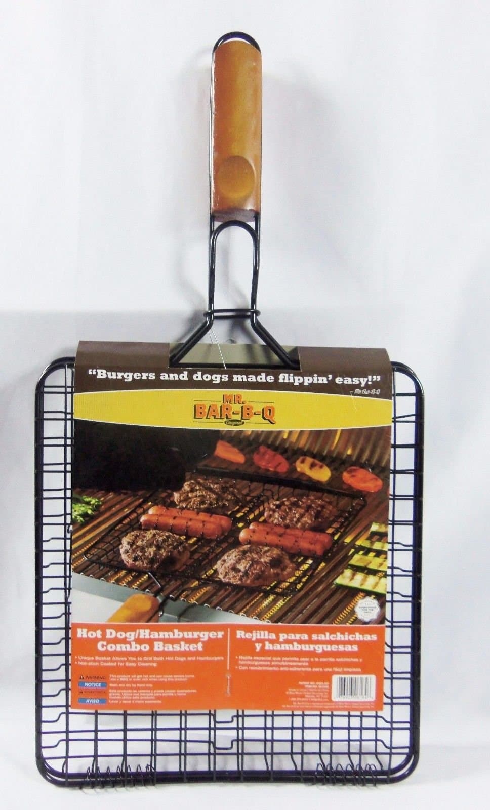 Mr. Bar-B-Q Original Hot Dog and Hamburger Combo Basket with Non-Stick Coating and Wooden Handle - Flip Burgers and Hot Dogs with Ease - Easy Clean Up