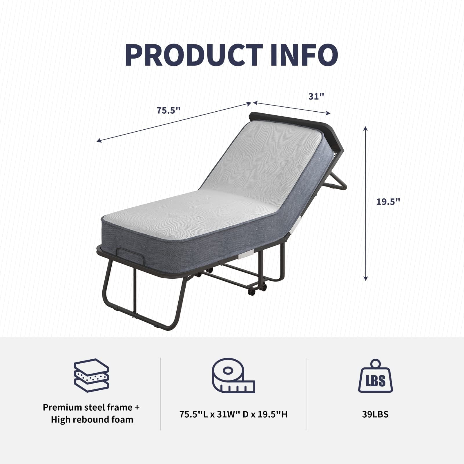 ZAFLY Folding Bed with 5 Inch Mattress,Twin Size Portable Foldable Guest Beds with Headboard for Adults,Rollaway Bed Storage Cover Included,Space Saving Fold up Metal Frame,75 x 31 Inch