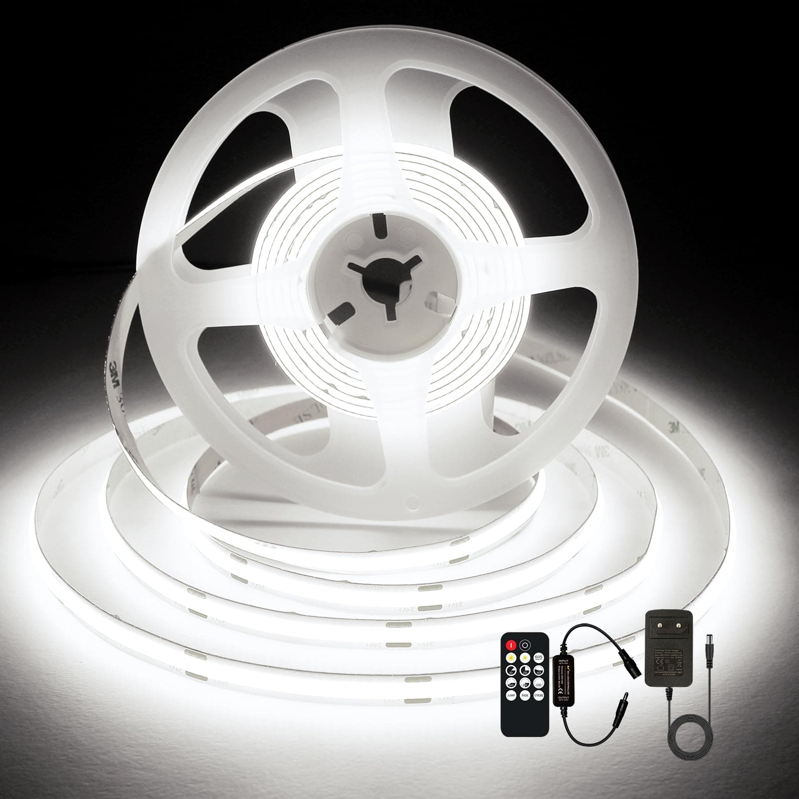 SIRYYUI COB LED Strip Lights 3M,6000K Daylight White Dotless Dimmable LED Strip, 480LEDs/M,Super Bright DC24V LED Light Strip,CRI 90+ with RF Remote and UKCA Power Supply for DIY Home Decoration