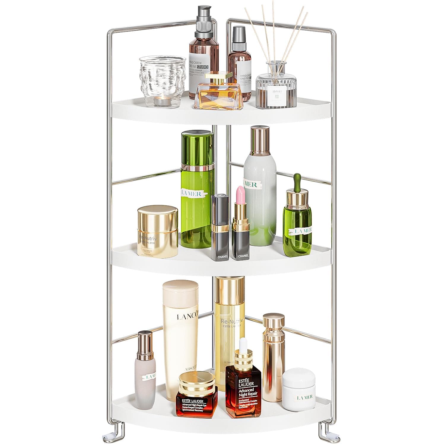 3-Tier Corner Spice Rack Kitchen Bathroom Countertop Organizer Vanity Tray Cosmetic Makeup Storage Standing Shelf, White