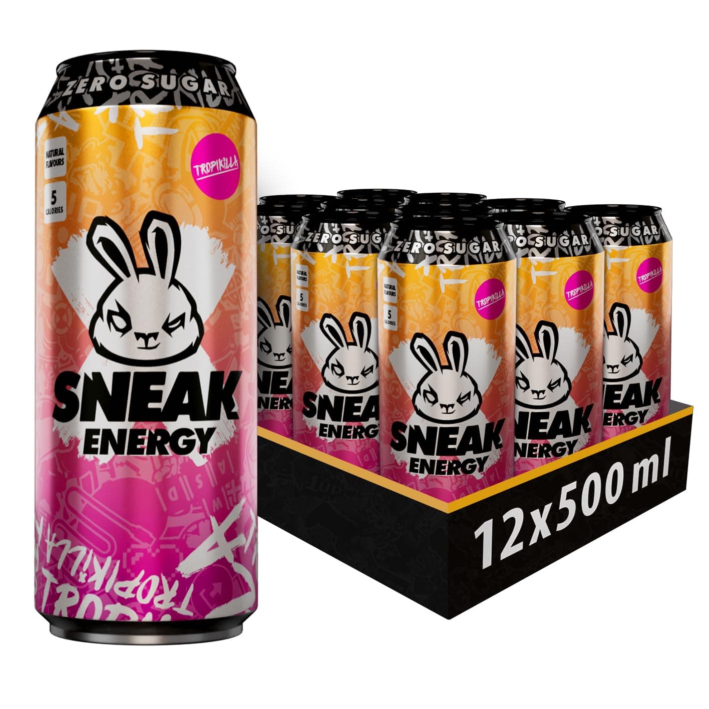 SNEAKCans Tropikilla | In-Game Focus Boost Energy Drink, Zero Sugar, Low-Calorie, Vegan | 500ml x 12