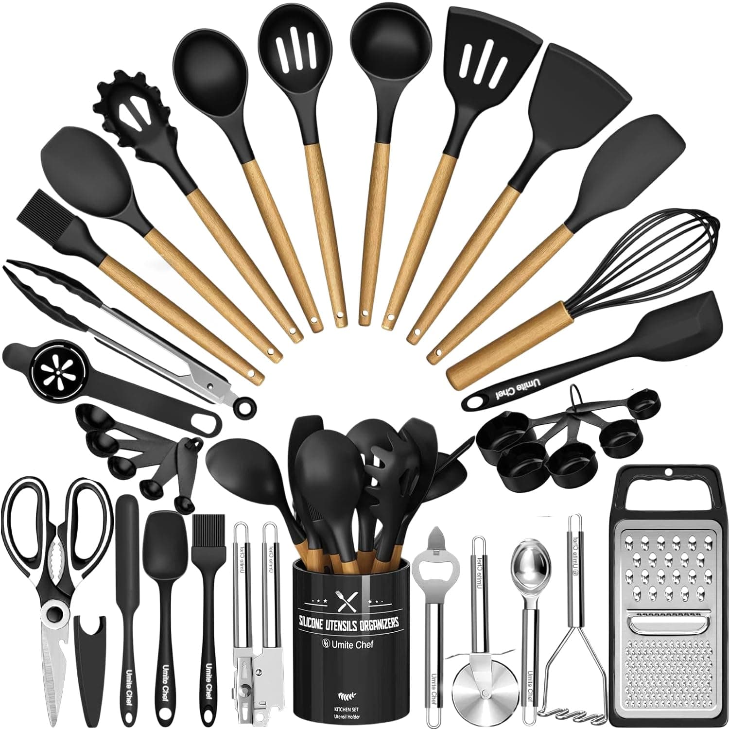 Umite Chef 34PCS Silicone Cooking Utensils Set with Holder, Black Wooden Handles, Heat Resistant, Non-Stick, Non-Scratch, BPA-Free, Kitchen Gadgets Tools Set