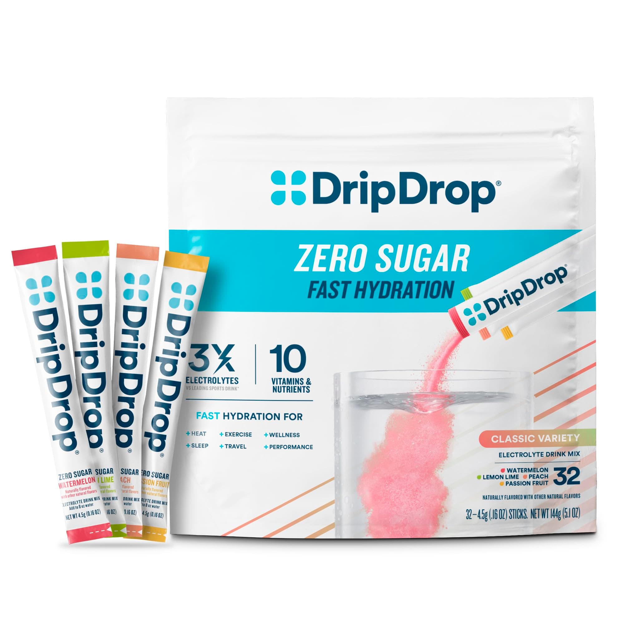 DripDrop Sugar Free Hydration Packets - Zero Classic Variety Pack - Single Serve Electrolytes Powder Drink Mix - Lemon Lime, Watermelon, Peach, Passion Fruit - Non-GMO, Gluten Free, Vegan - 32 Sticks