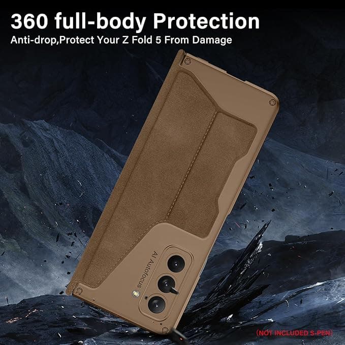 DEMCERT for Samsung Galaxy Z Fold 5 5G Case with Z Fold 5 S Pen Slot, Military Armor Cases Full Body Protective Anti-Scratch Hard Slim Leather Bracket Case with Screen Protector (Brown)