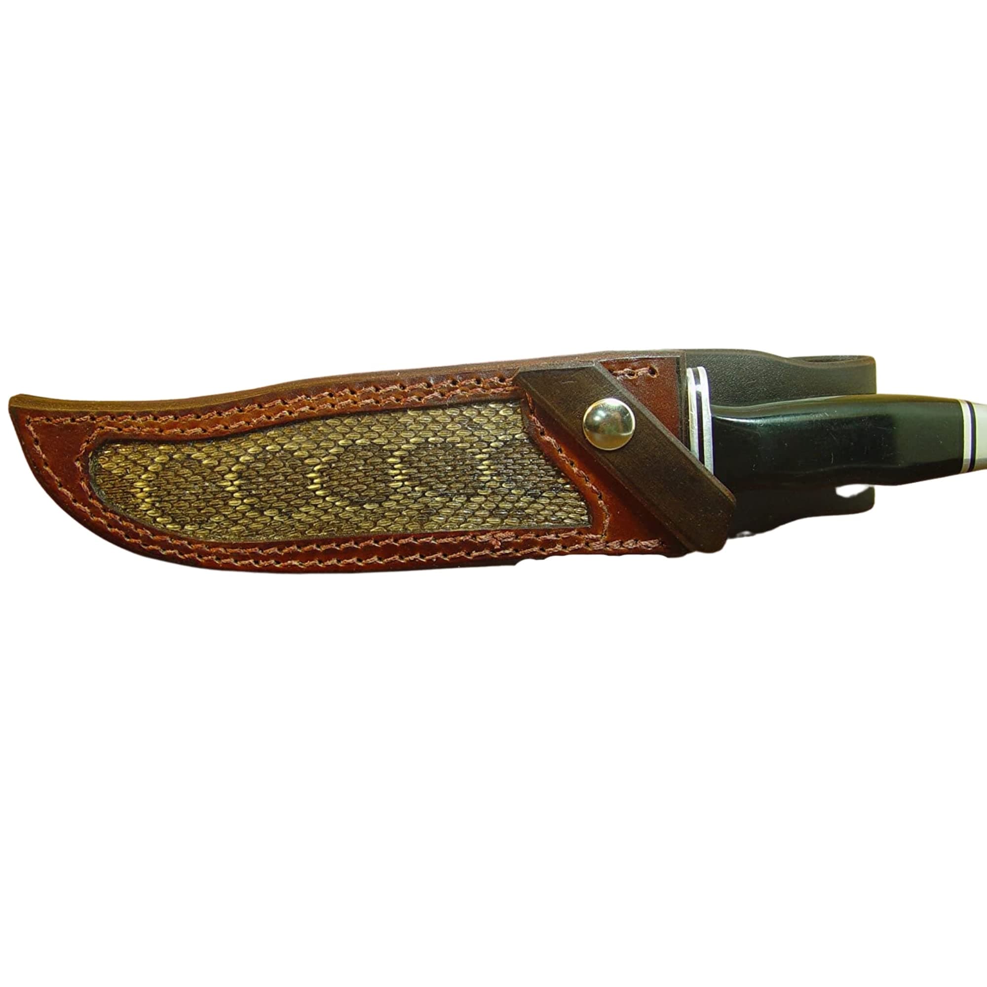 A Custom Made Leather Buck 120 Knife Sheath Inlayed with Real Rattle Snake. The Sheath Is Worn on Your Left Side. The Leather is genuine and Dyed Dark Brown. It Is Made to Fit a Buck 120 Knife.