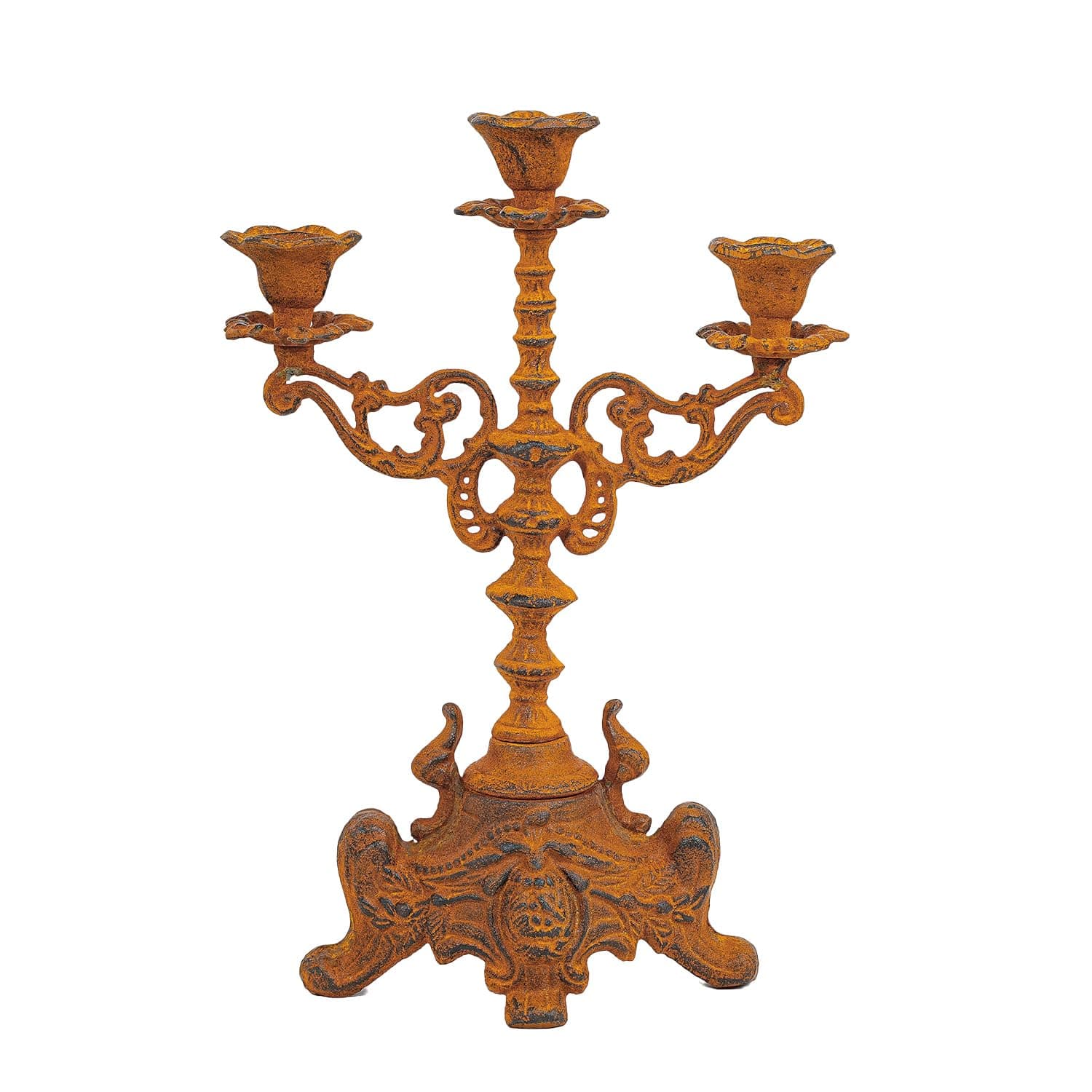Sungmor Rusty Cast Iron 3 Arm Candelabra, 13" Tall Vintage Candlestick Holder, Decorative Taper Candle Holder, Pretty Centerpiece Candle Stand for Halloween, Christmas, Holiday Décor