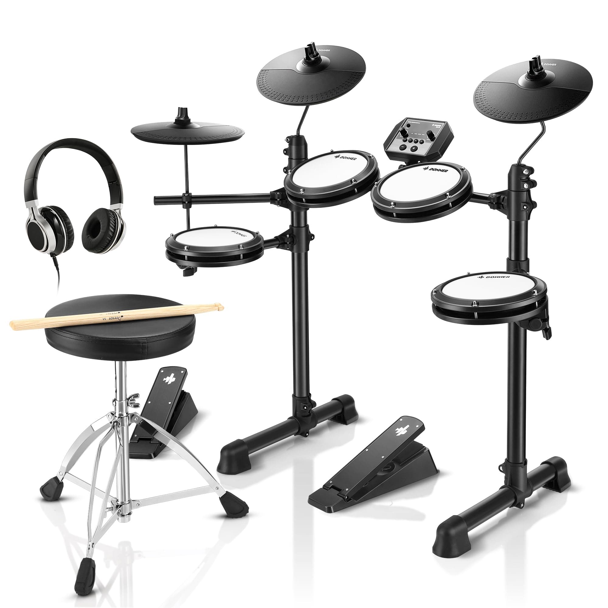 DED-80 Electronic Drum Set with 4 Quiet Mesh Pads, 180+ Sounds, 2 Pedals, Throne, Headphones, Sticks, and Melodics Lessons