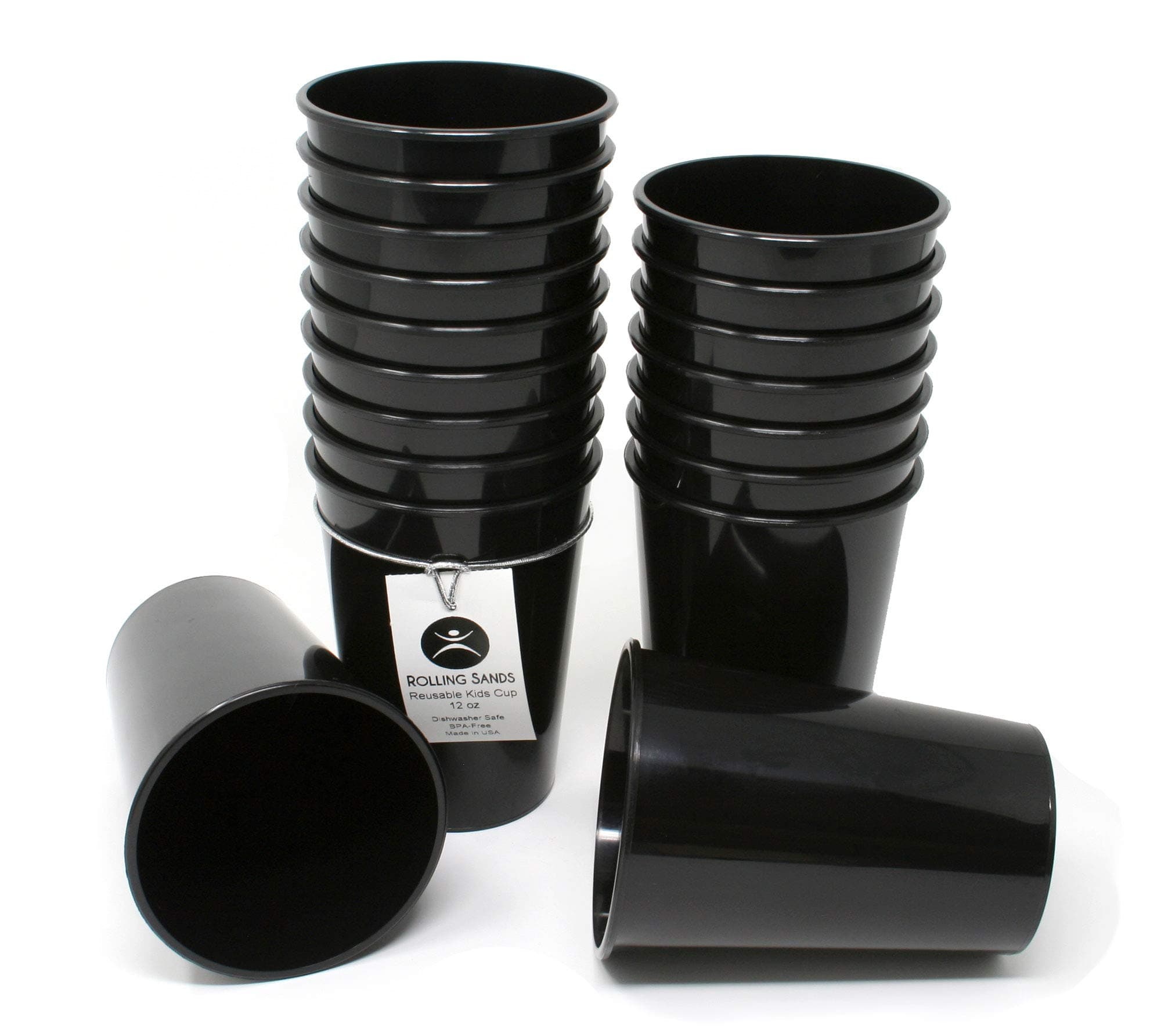 Rolling Sands 12oz Reusable Plastic Kids Cups Black (Set of 18, Made in USA, No BPA) Dishwasher Safe