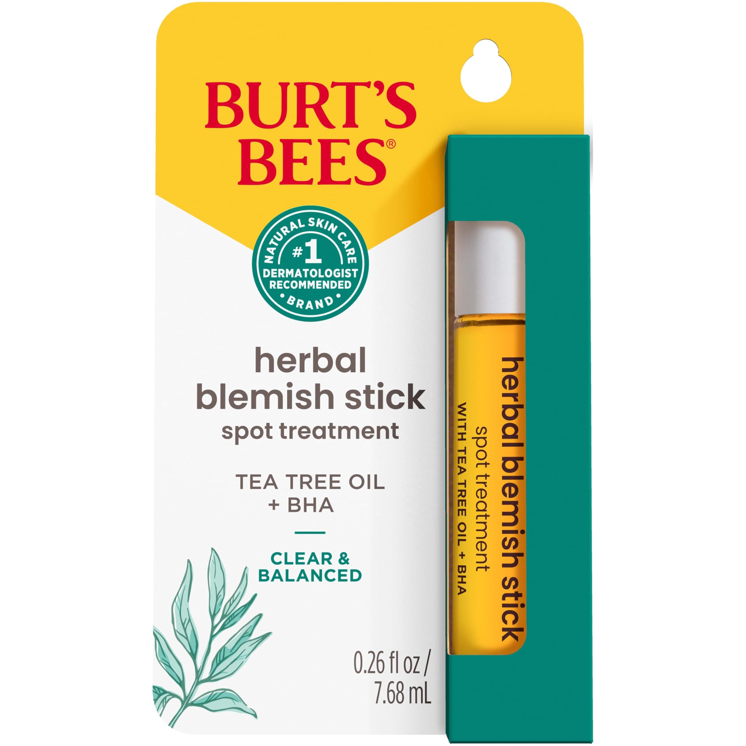 Burt's Bees Herbal Blemish Stick, 0.26 Fl Oz (Pack of 2), Tea Tree Oil Infused, Soothing, Exfoliating, Cleansing, Unisex