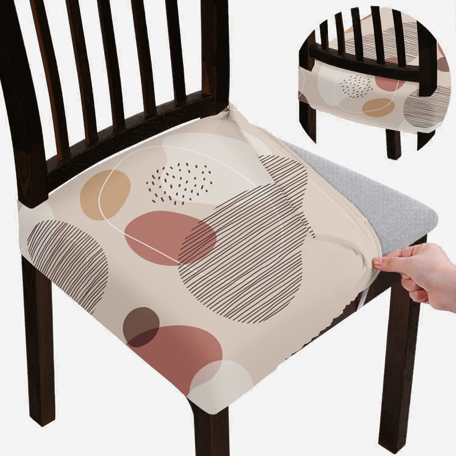 BRIDA Stretchable Floral Geometric Printed Dining Chair Seat Covers Elastic Chair Seat Case Protector, Slipcovers (Abstract Circles, 4 Seat Cover)