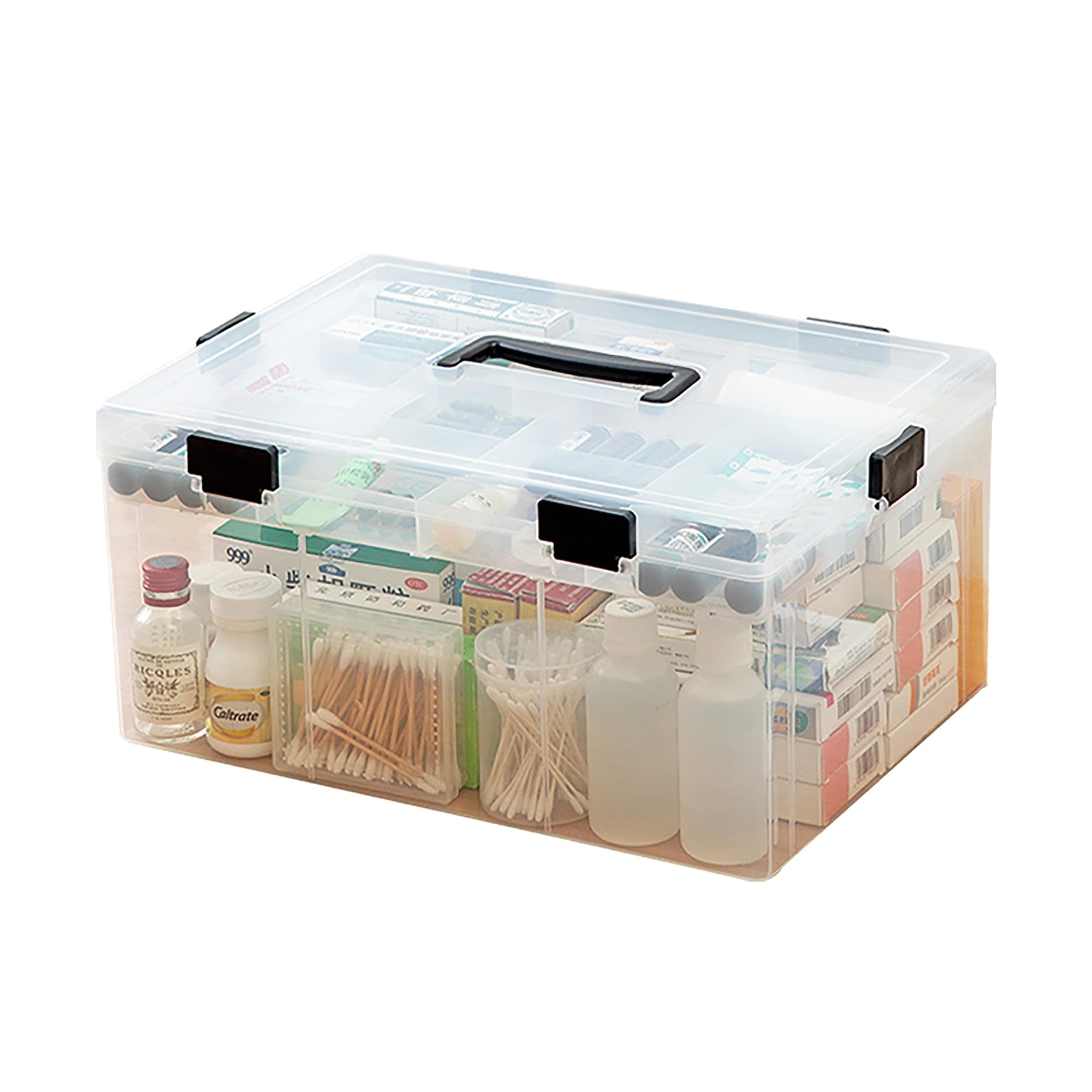 Clear 2-Tier Medical Storage Box, Large Portable Emergency Kit for Kitchen, Home, Office