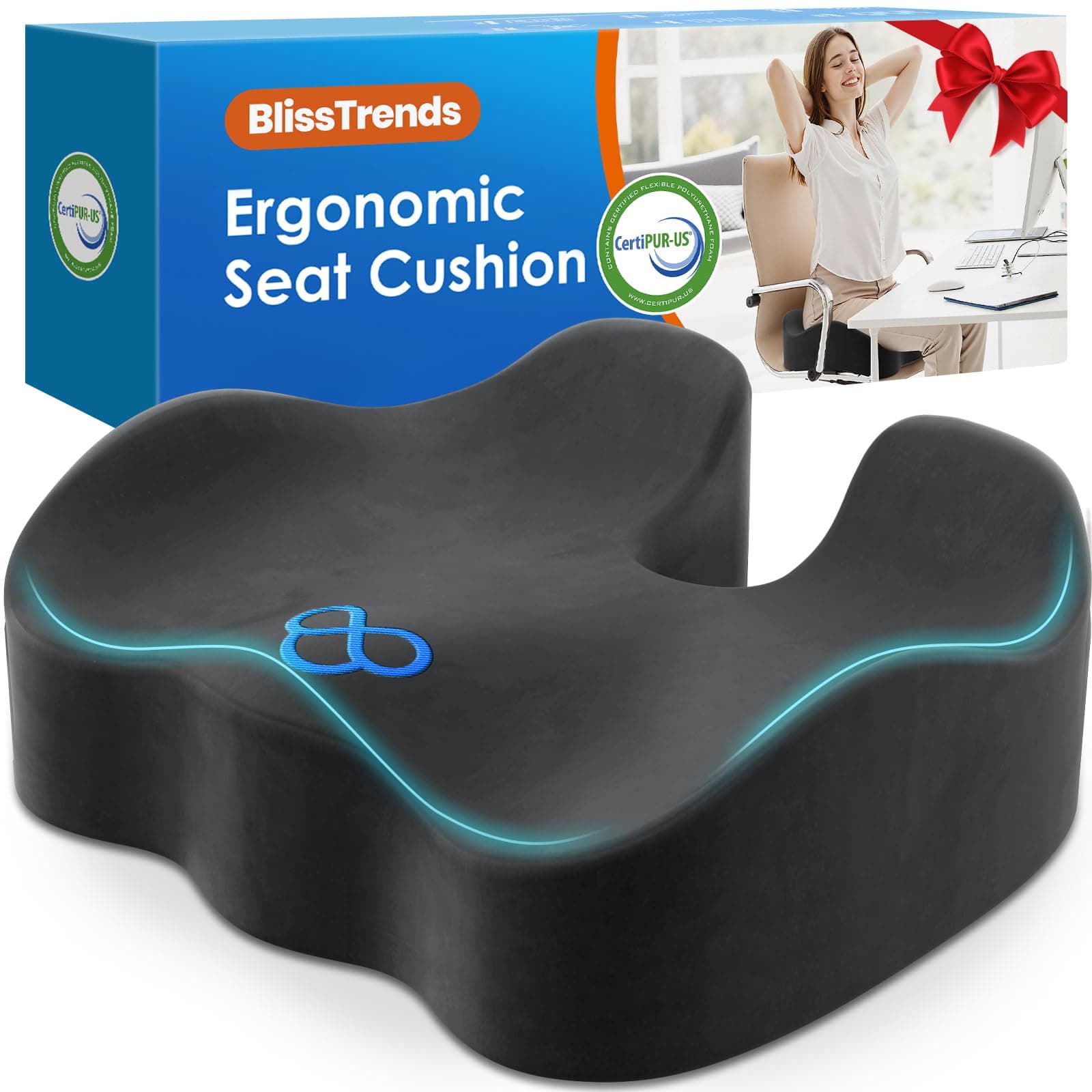 BlissTrends Seat Cushion,5.2in Thick Memory Foam Cushions for Office Chair, Car Seat, Airplane, Relieving Pressure Tailbone Sciatica Back Pain for Long Sitting Office Workers, Car Drivers Grey