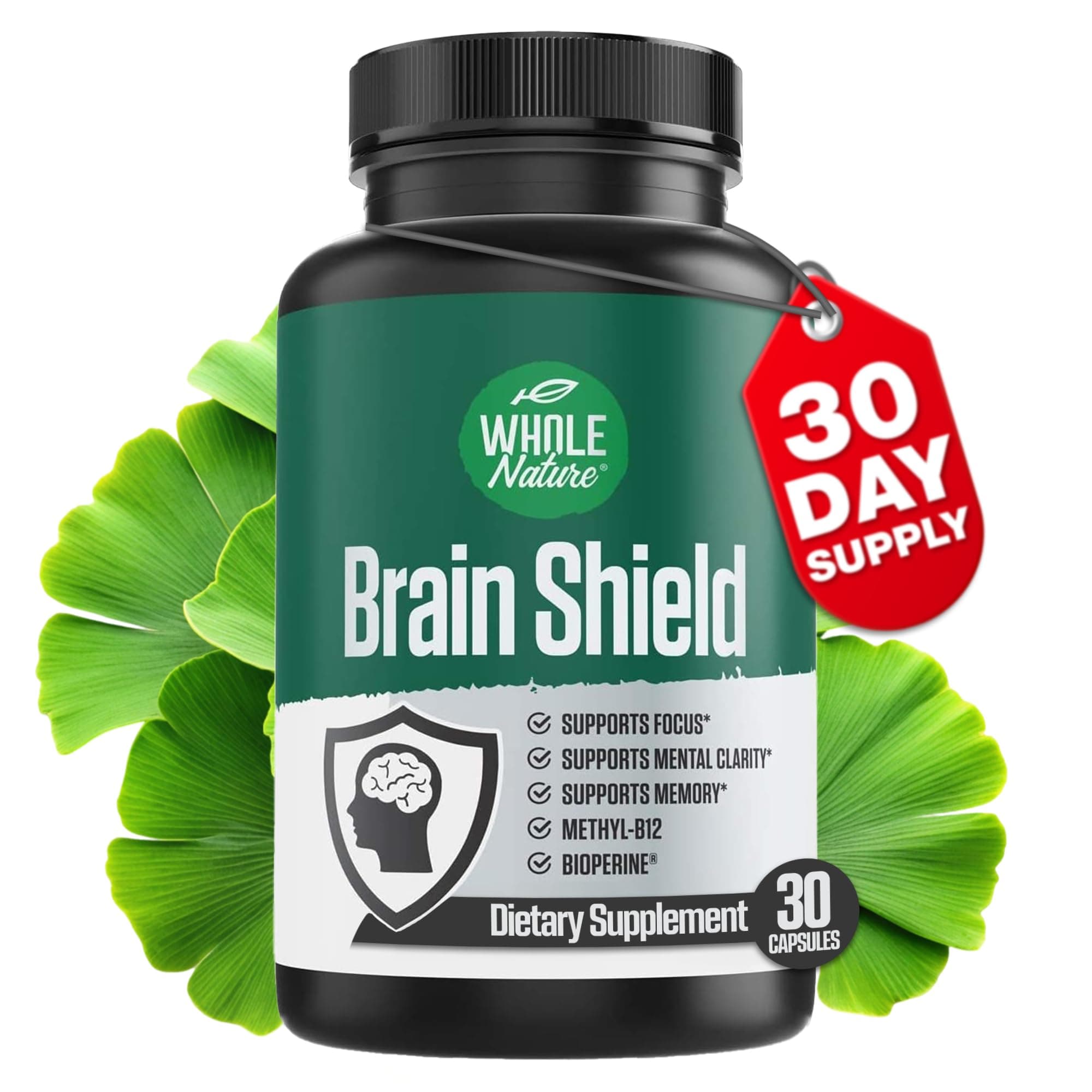 Brain Booster Nootropics - Brain Shield with Ginkgo Biloba, Alpha GPC and Bacopa Monnieri, Vitamin B12, B3 - Support Focus, Memory & Clarity, Energy & Stress Relief. (1)