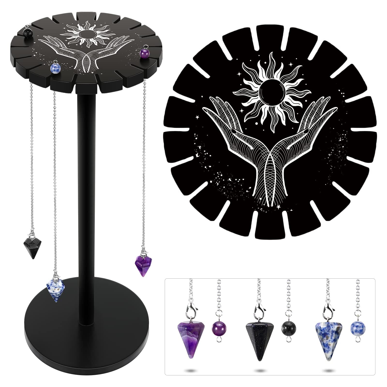 Yulejo 3-Shelf Pendulum Holder Crystal Shelf, Black Hand Moon Design for Crystal Essential Oil Display