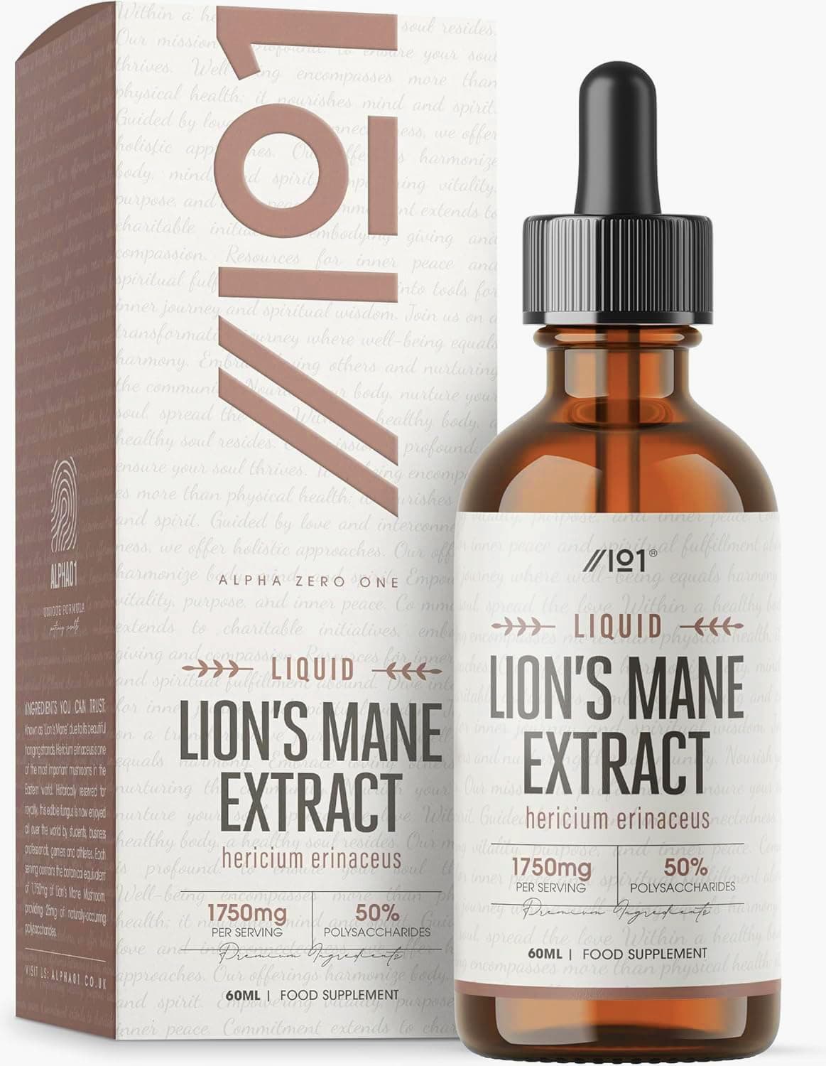 Lions Mane Drops - High Strength 50% Polysaccharides Lions Mane Extract Supplement (Not Capsules) - 60ml (1 Month Supply) - Vegan & Vegetarian Friendly – By Alpha01