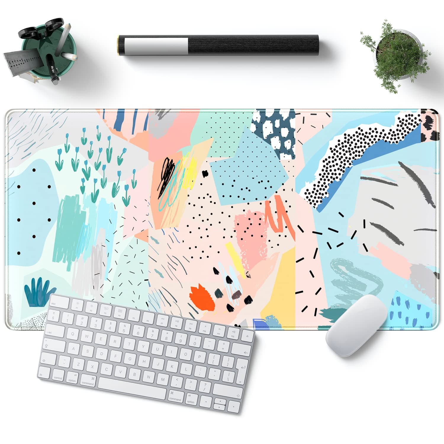 Spring Boho Cute Desk Pad Blue Mouse Pad Aesthetic Home Office Decor Desk Mat Kawaii Geen Plant Large Mouse Pad for Women Computer Keyboard Laptop Pad 31.5x15.7 in - with Non-Slip Base Stitched Eges