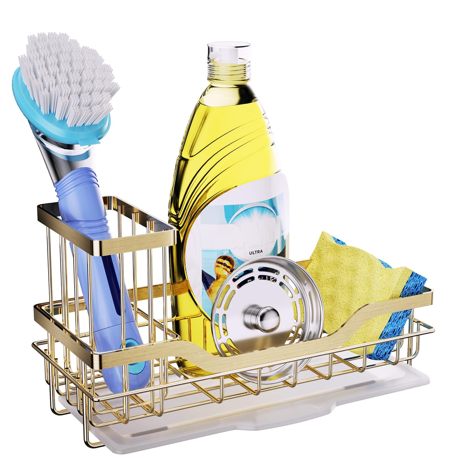 HapiRmKitchen Sink Caddy with Brush Holder, Sink Organizer with Drawable Drain Tray, Rustproof Stainless Steel Sponge Holder for Kitchen - Gold(8.26 * 3.62 * 4.72 in)