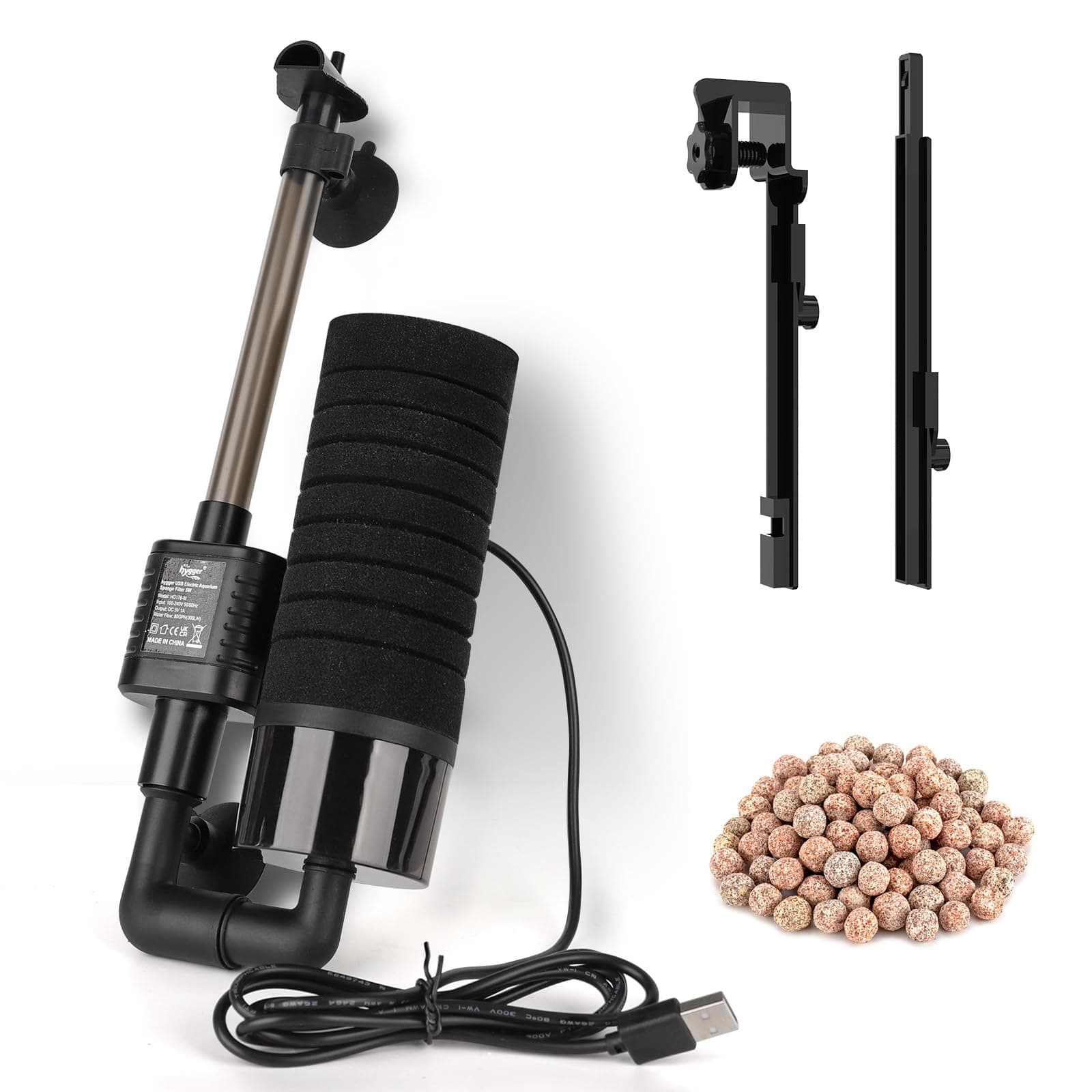 USB Single Sponge Filter, Small Aquarium Filter with Adjustable Hanging Clip and Suction Cup, Duckbill Outlet, Rain Pipe Outlet, Extra Spare Sponge