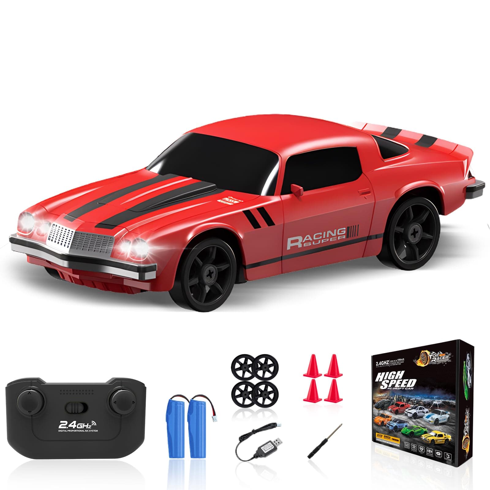 RC Drift Car, 1/24 2.4GHz Remote Control Car 4WD High Speed Drifting RC Cars with LED Light, Two Rechargeable Batteries and Drift Tires for Kids Boys Girls and Adults, Red
