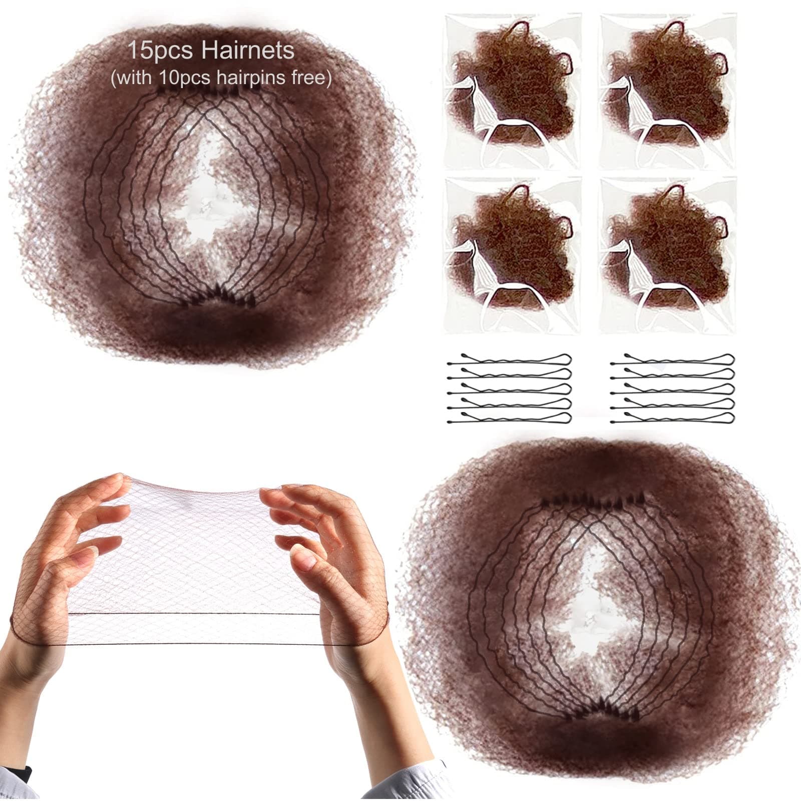 15pcs Dark Coffee Invisible Hairnets Individually Wrapped