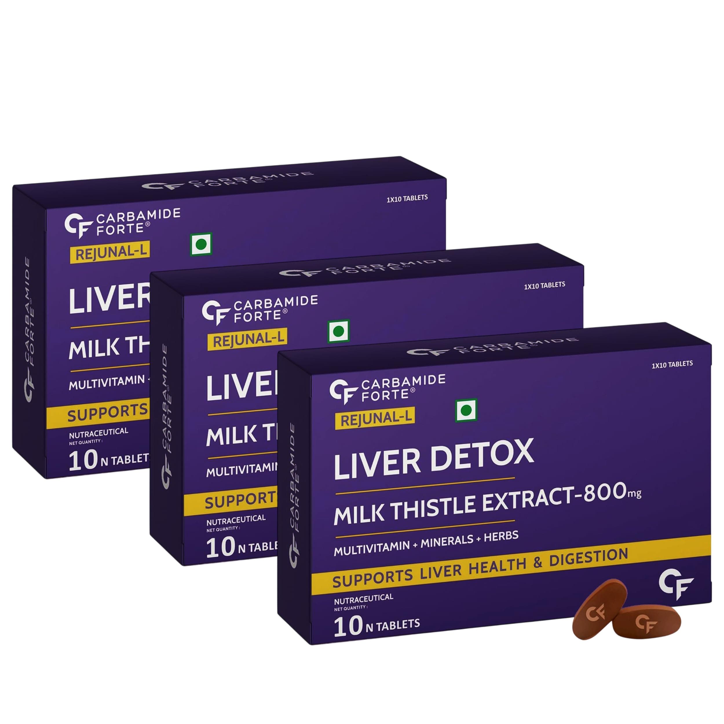Carbamide Forte Liver Support Supplement with Milk Thistle Extract 800mg (30:1), Multivitamins & Amino Acid | Liver Detox Supplement 10 Veg Tablets (Pack of 3)