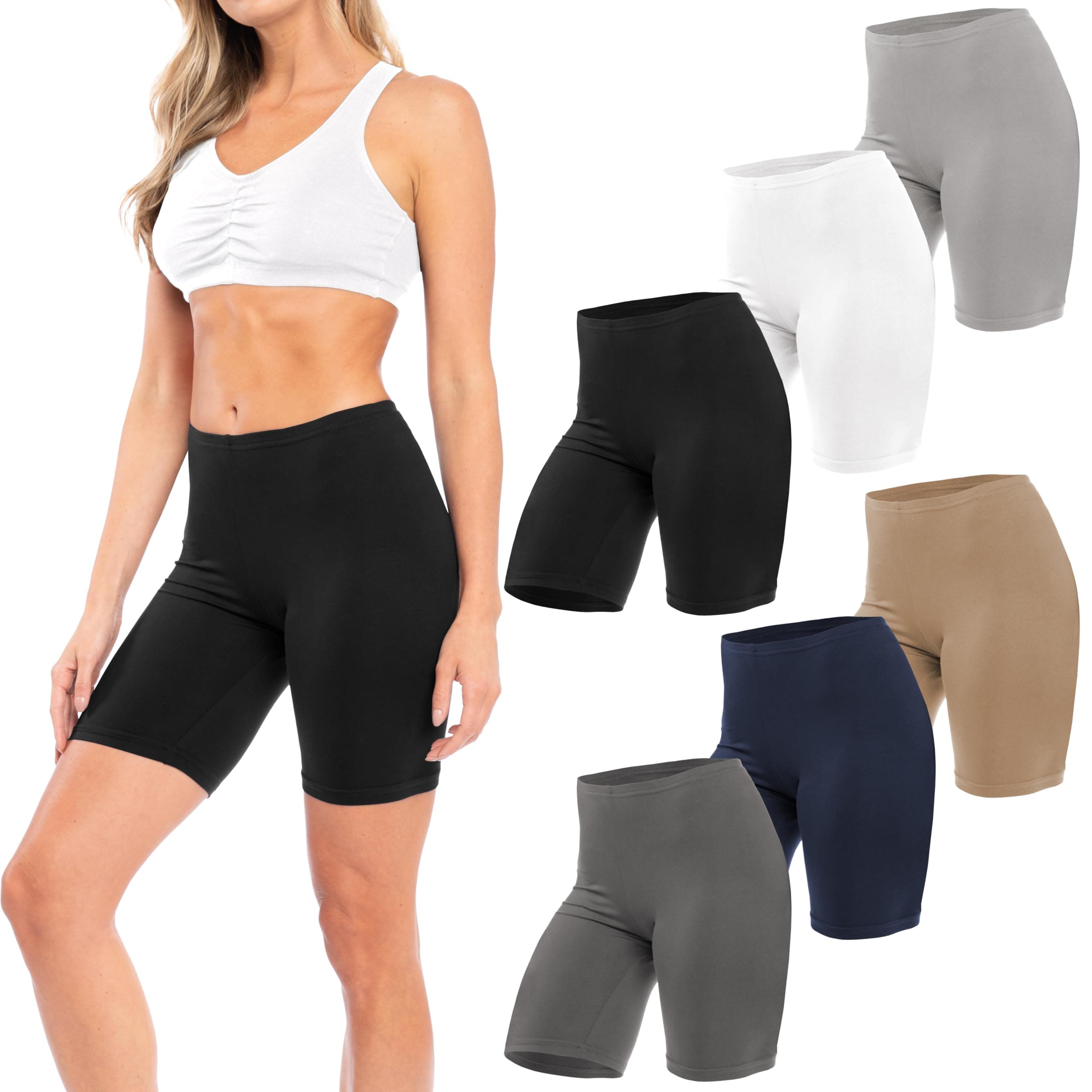 Womens 6 Pack Buttery Soft Brushed Active Stretch Yoga Bike Short Boxer Briefs Underwear (6 Pack- Black/Khaki/Charcoal/Navy/Grey/White, Medium)