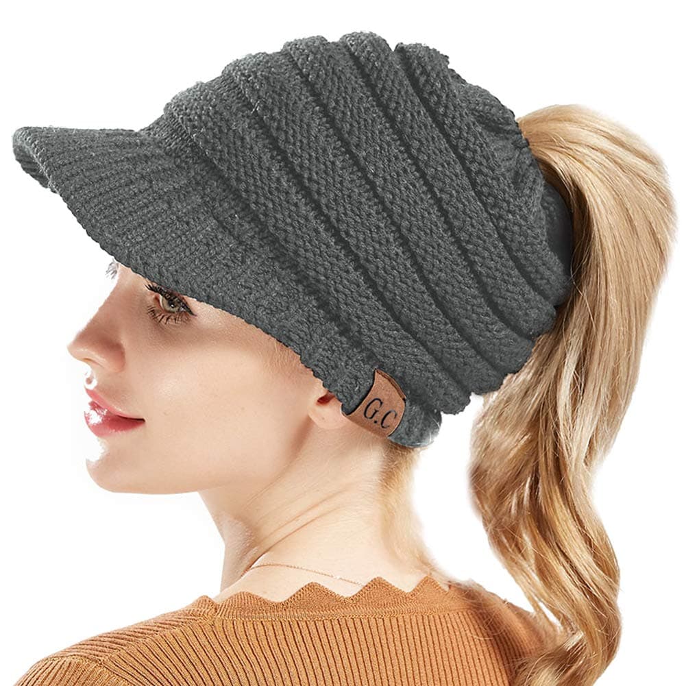 BeanieTail Warm Knit Messy High Bun Ponytail Visor Beanie Cap (Dark Gray)