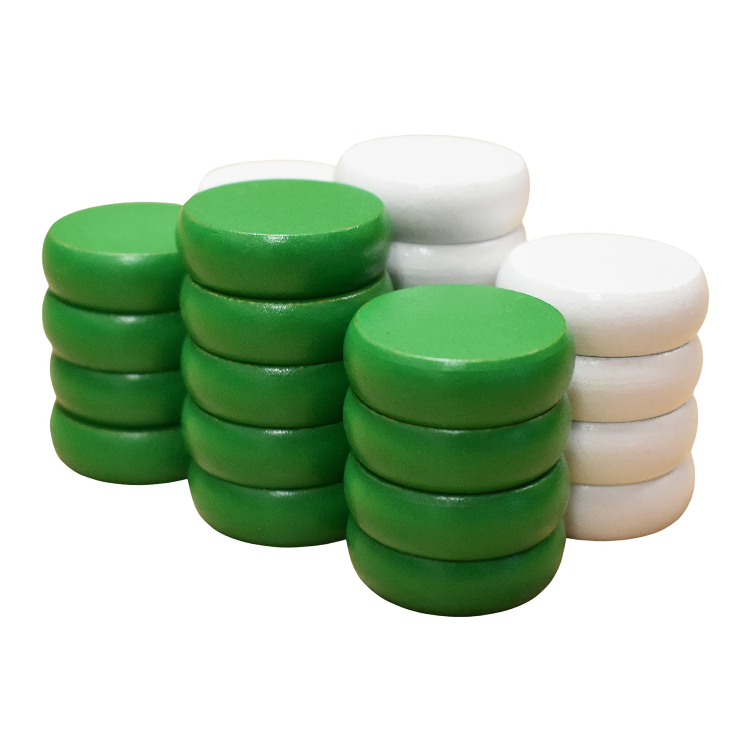 26 White and Green Crokinole Discs with a Velvet Pouch (Mini Discs - 1 3/32 Inch Diameter (2.8cm))