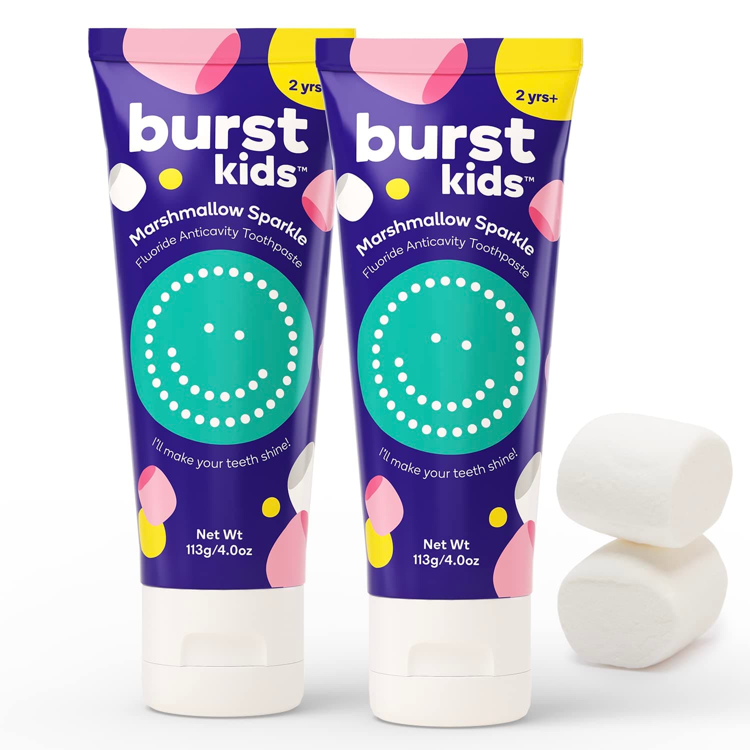 BURSTkids Marshmallow Sparkle Kids Toothpaste with Fluoride - Great Tasting Flavored Childrens & Toddler Toothpaste - Anticavity, Dye Free, Vegan, Safe Toothpaste for Kids Ages 2+ - 4oz, 2pk