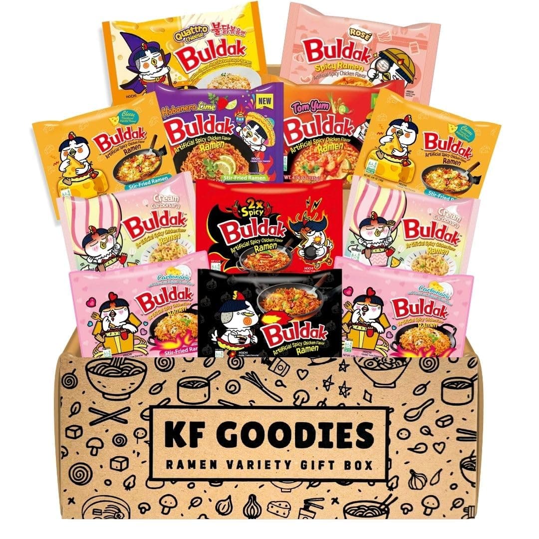 Korean Ramen Variety Pack Gift Box (12 Count) - Spicy Buldak Noodle Assortment for Birthdays, College Care Packages and Gift Baskets