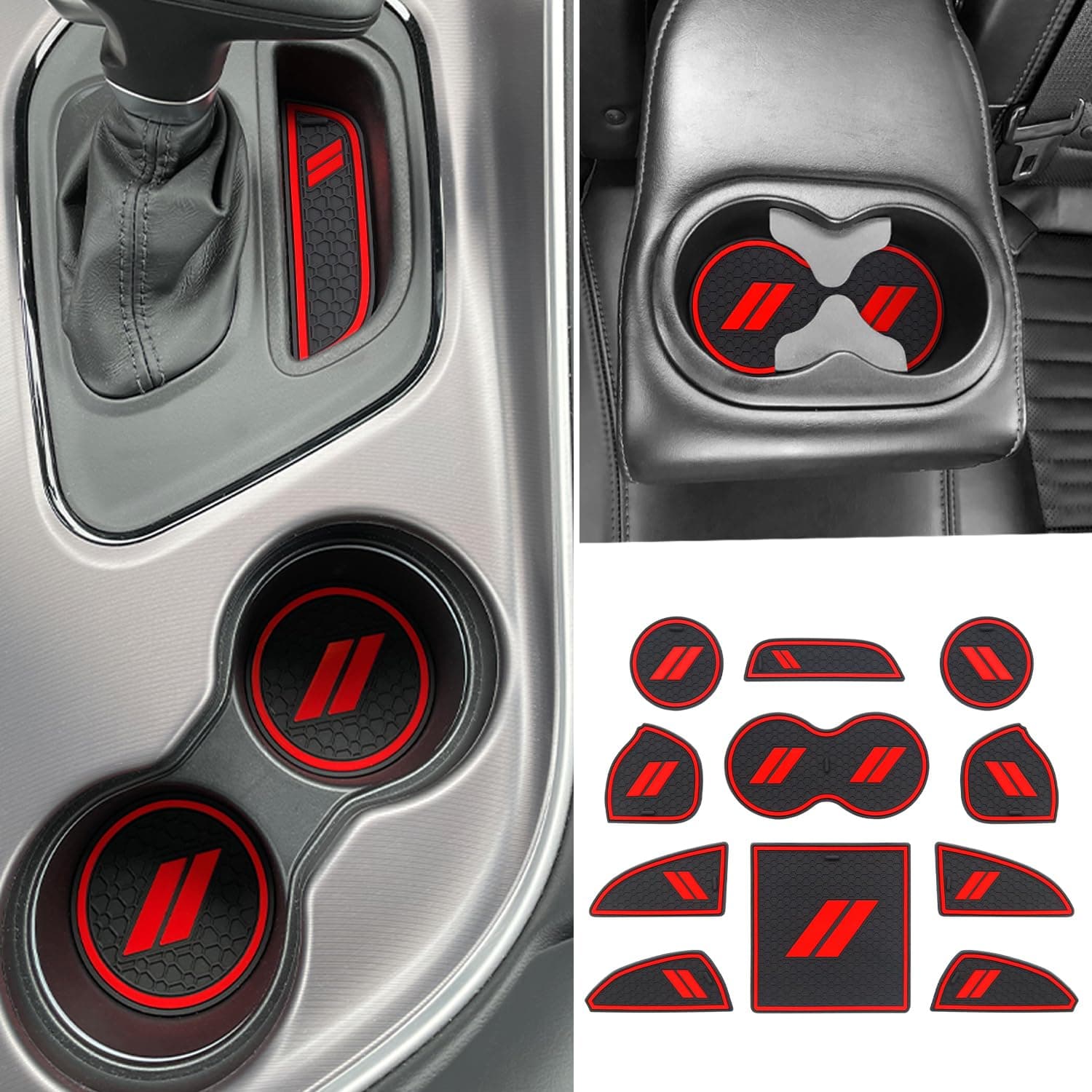 for Dodge Challenger Accessories 2015-2024 Custom Fits Cup Holder Insert Anti-dust Mats Door Pocket Center Console Liners (Red Trim) - 11 PCS/Set