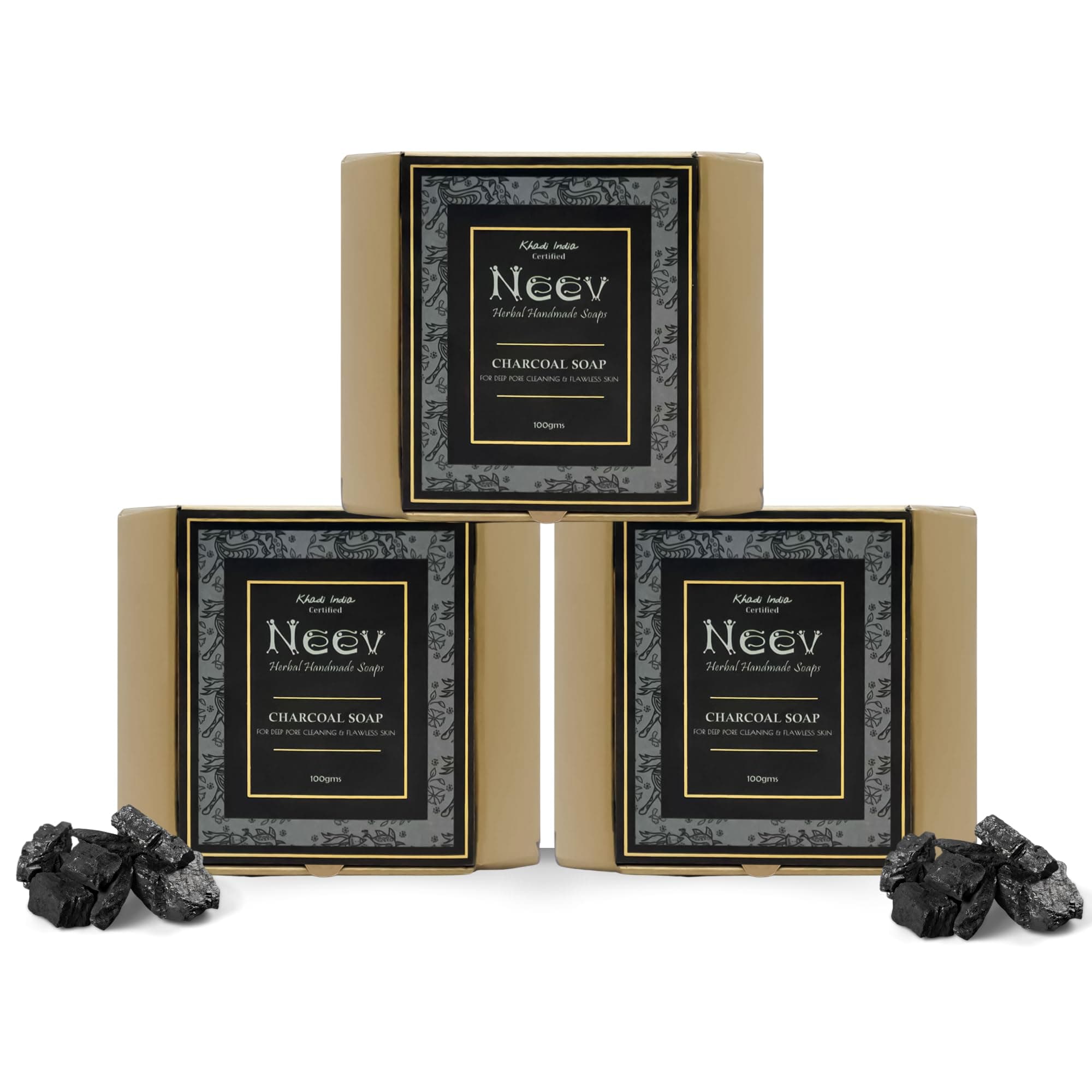 Neev Herbal Activated Charcoal Soap – 3 × 100 g, Deep Pore Cleansing, Organic, Paraben‑free, Zero Chemicals