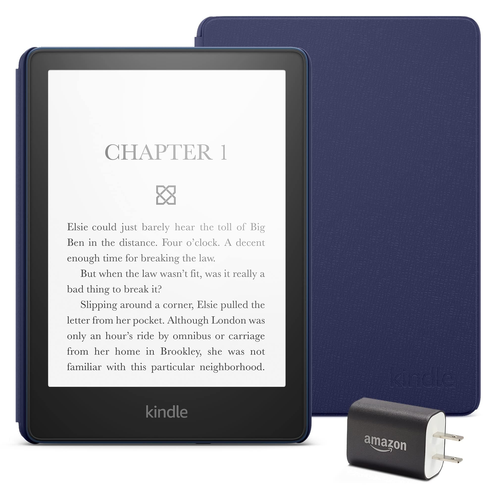 Kindle Paperwhite Essentials Bundle including Kindle Paperwhite (16 GB) - Denim - Without Lockscreen Ads, Leather Cover - Denim, and Power Adapter