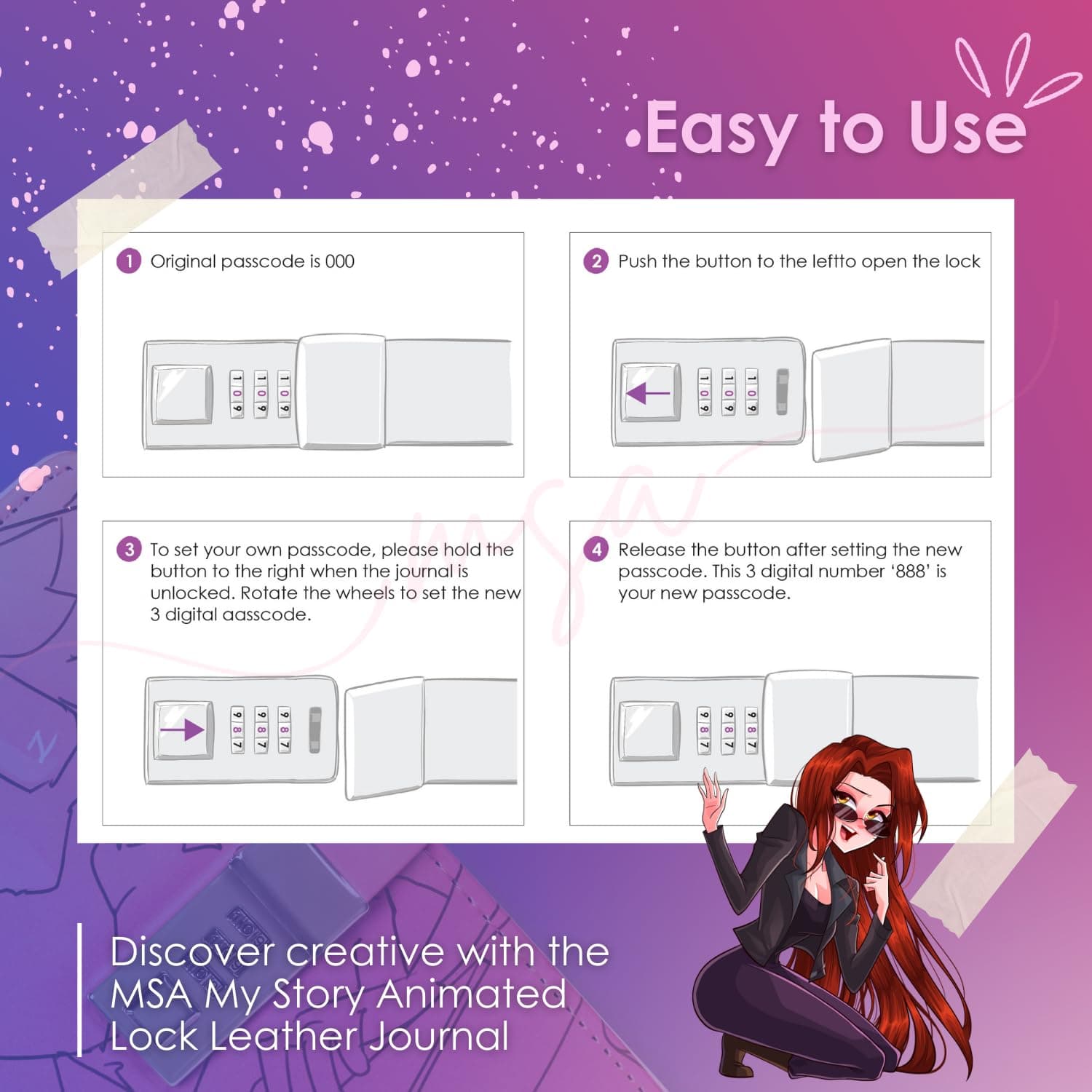 MY STORY ANIMATED MSA Official Diary with Lock – Leather Diary Journal with Combination Lock – Modern Locked Journal with Bookmark, Pen Holder – Personal Diary Notebook Hardcover Agenda with Stickers