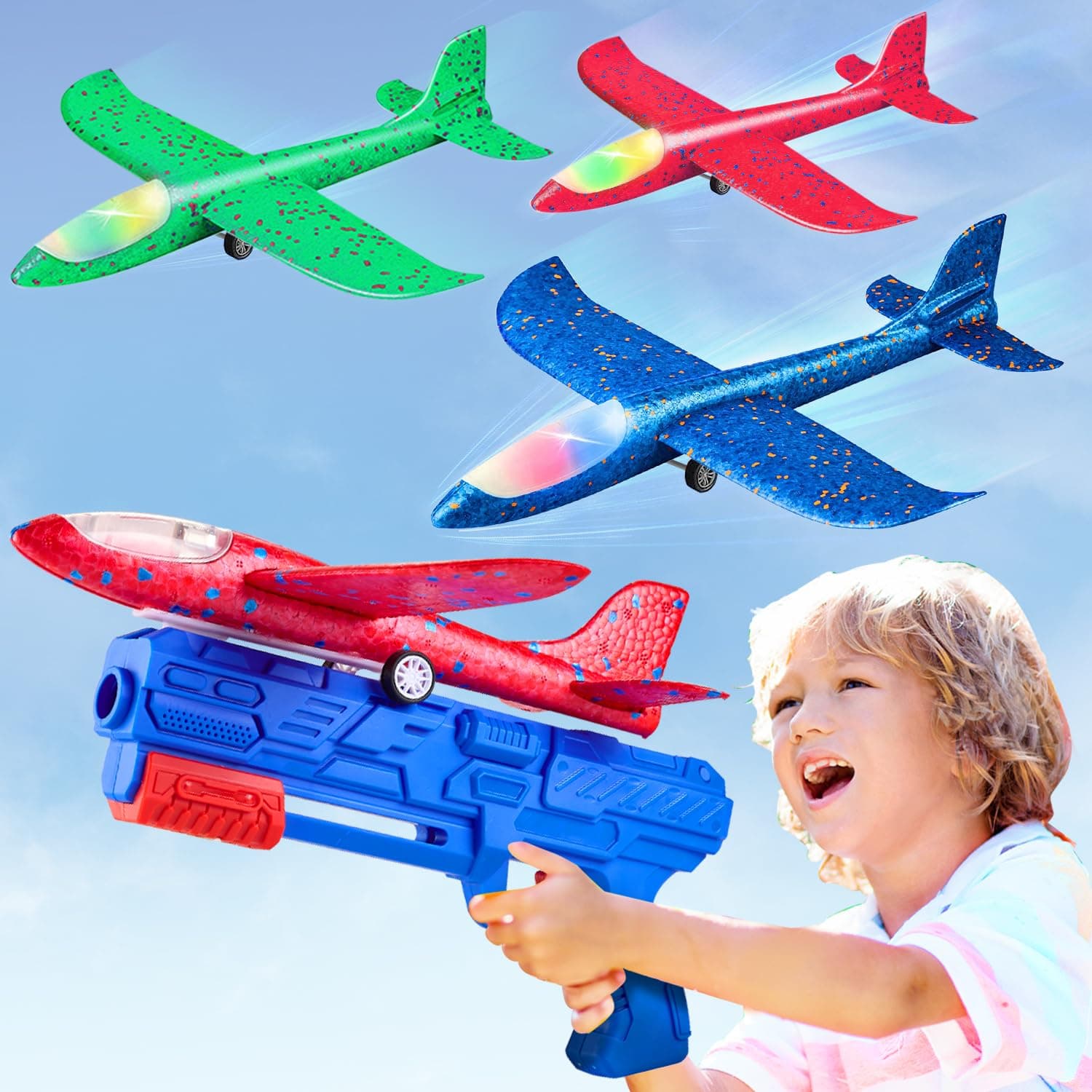 Neoot Toy Airplane, 3 Pack Airplane Launcher Toy 2 Flight Mode Glider LED Foam Glider Plane Outdoor Toys for Kids Ages 4 5 6 7 8 9 10 11 12 Year Old Boys Birthday Gift, Educational Flying Kids Toys