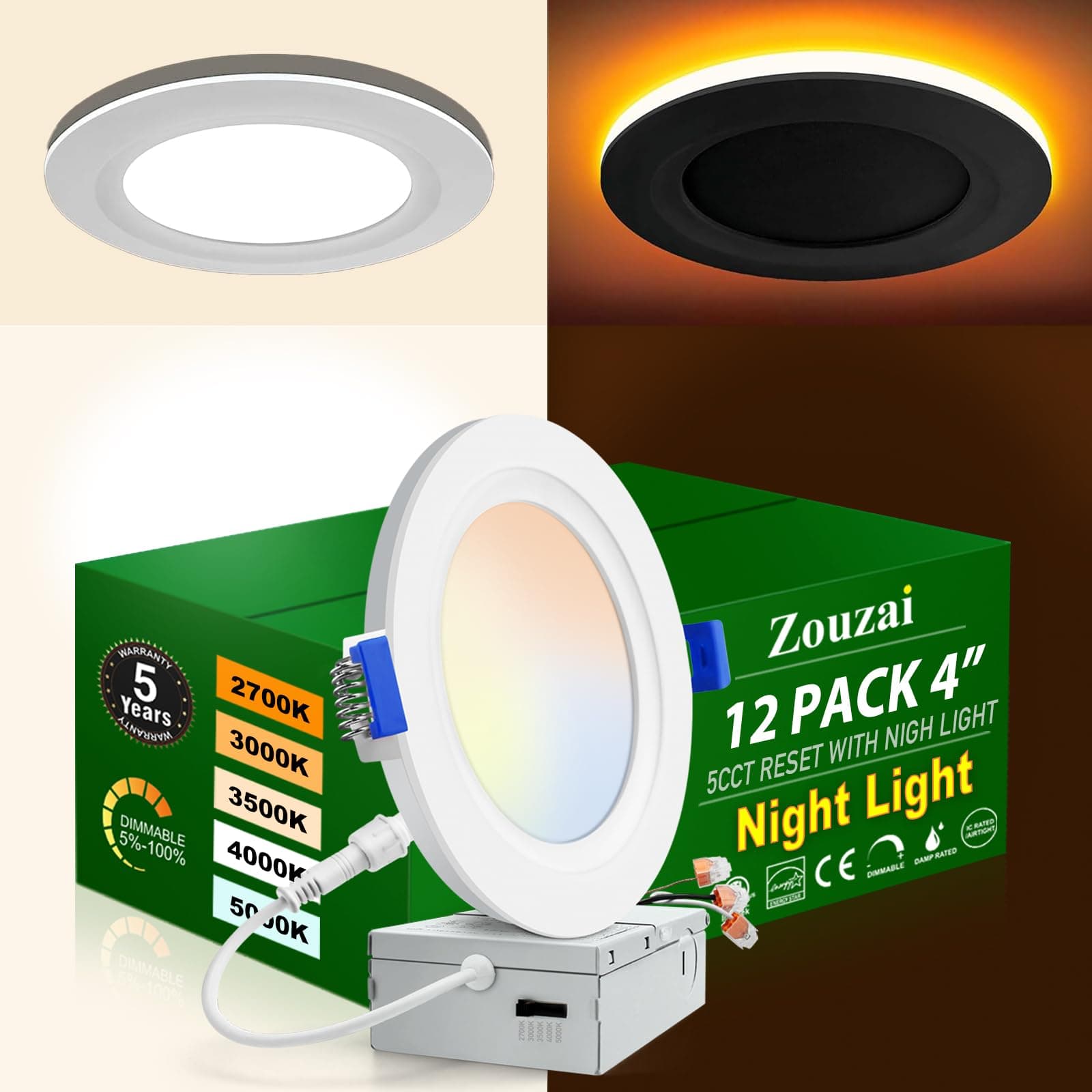 zouzai 12 Pack 4 Inch 5CCT LED Recessed Ceiling Light with Night Light, 2700K/3000K/3500K/4000K/5000K Selectable Ultra-Thin Lighting, 9W=90W, 810LM, Dimmable Canless Wafer Downlight - ETL (4 inch)