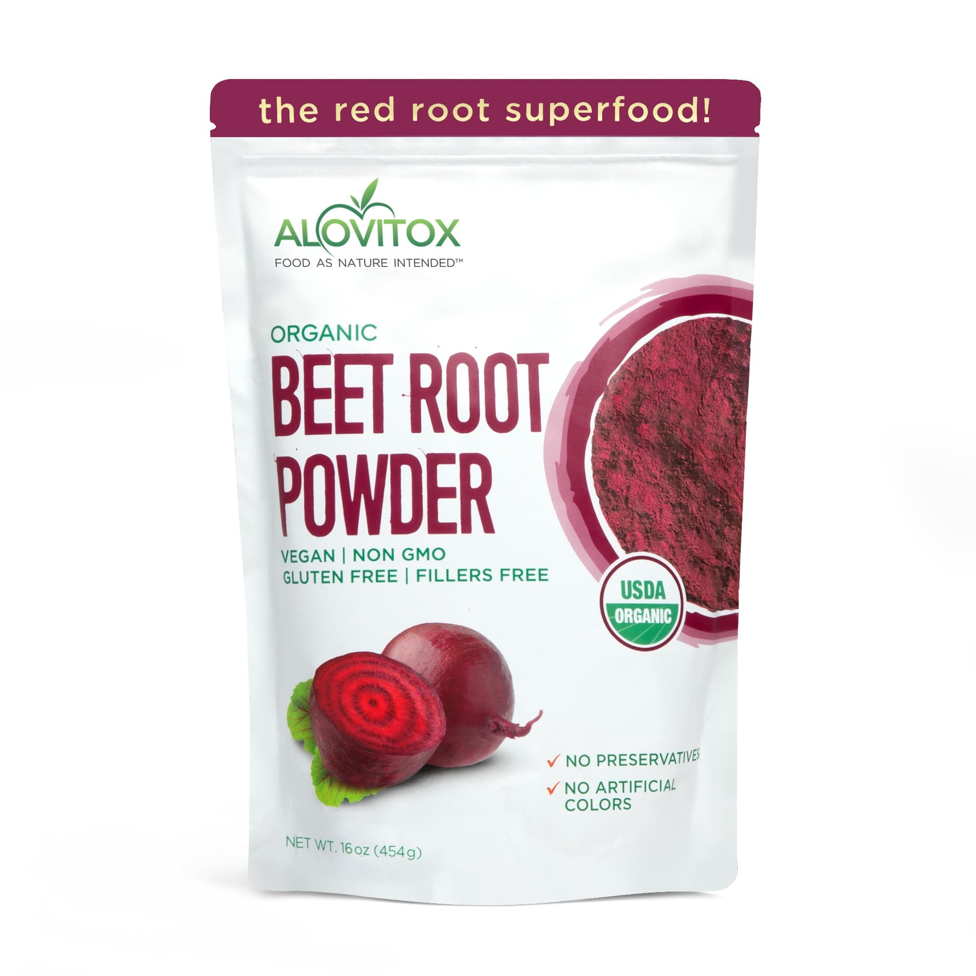 Alovitox Organic Beet Root Powder | 100% Fresh Beet Root Extract | Nitric Oxide Superfood, High in Calcium, Iron, Potassium & Folate | Supports Effective Workouts | Vegan, Non-GMO, Gluten-Free | 16 oz