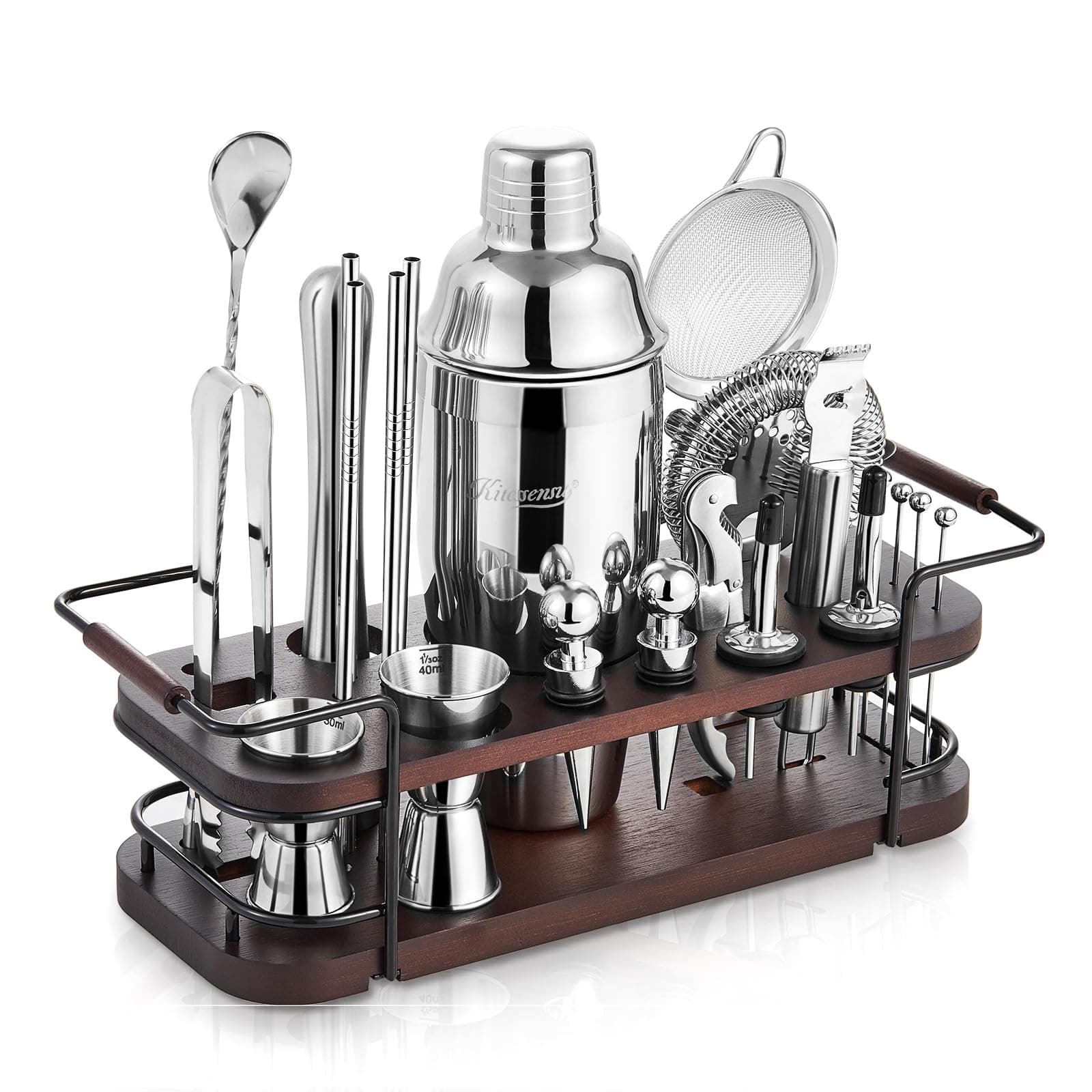 Cocktail Shaker Set Bartender Kit with Stand | Complete 24-Piece Bar Set Cocktail Kit with All Bar Accessories: Martini Shaker, Jigger, Muddler | Drink Mixer Set for Home Bar Cocktails