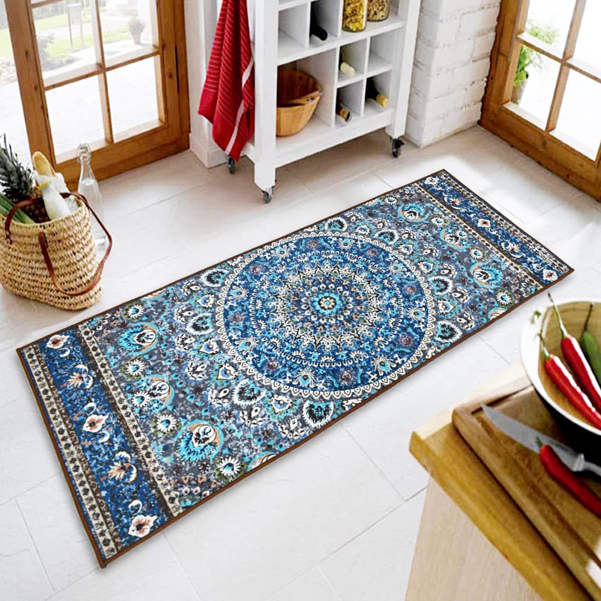 ishro home Nylon 3D Printed Bedside Runner Carpet Anti Skid for Home/Kitchen/Kitchen/Living Area/Office Entrance. (Geometrical Blue, 22 X 55)