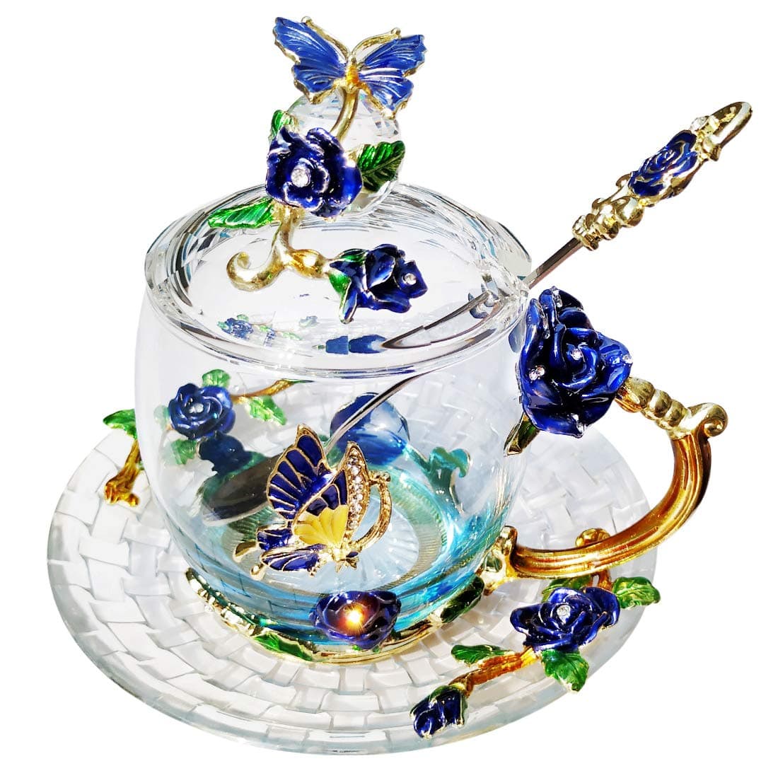 Rose Butterfly Glass Tea Cup Coffee Cup with Lid Spoon and Saucer Wedding Anniversary Birthday Gift for Women Mom Sister Girlfriend(330ml Blue)