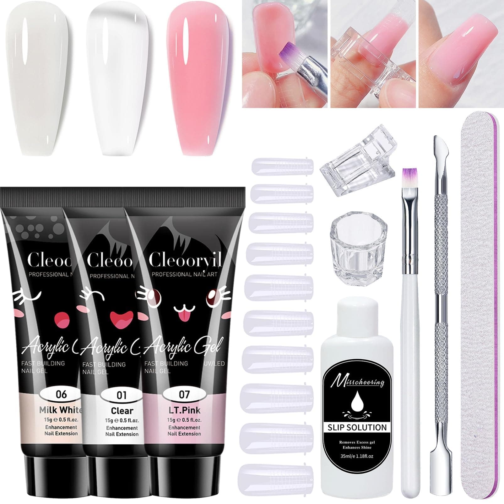 Poly Gel Nail Kit, 3 Colors Clear White Pink Builder Nail Gel Set Nail Extension Gel kit, With Slip solution Builder Gel Nail Kit All In One Starter Kit, for Beginners Gifts Set for Women (15ml)