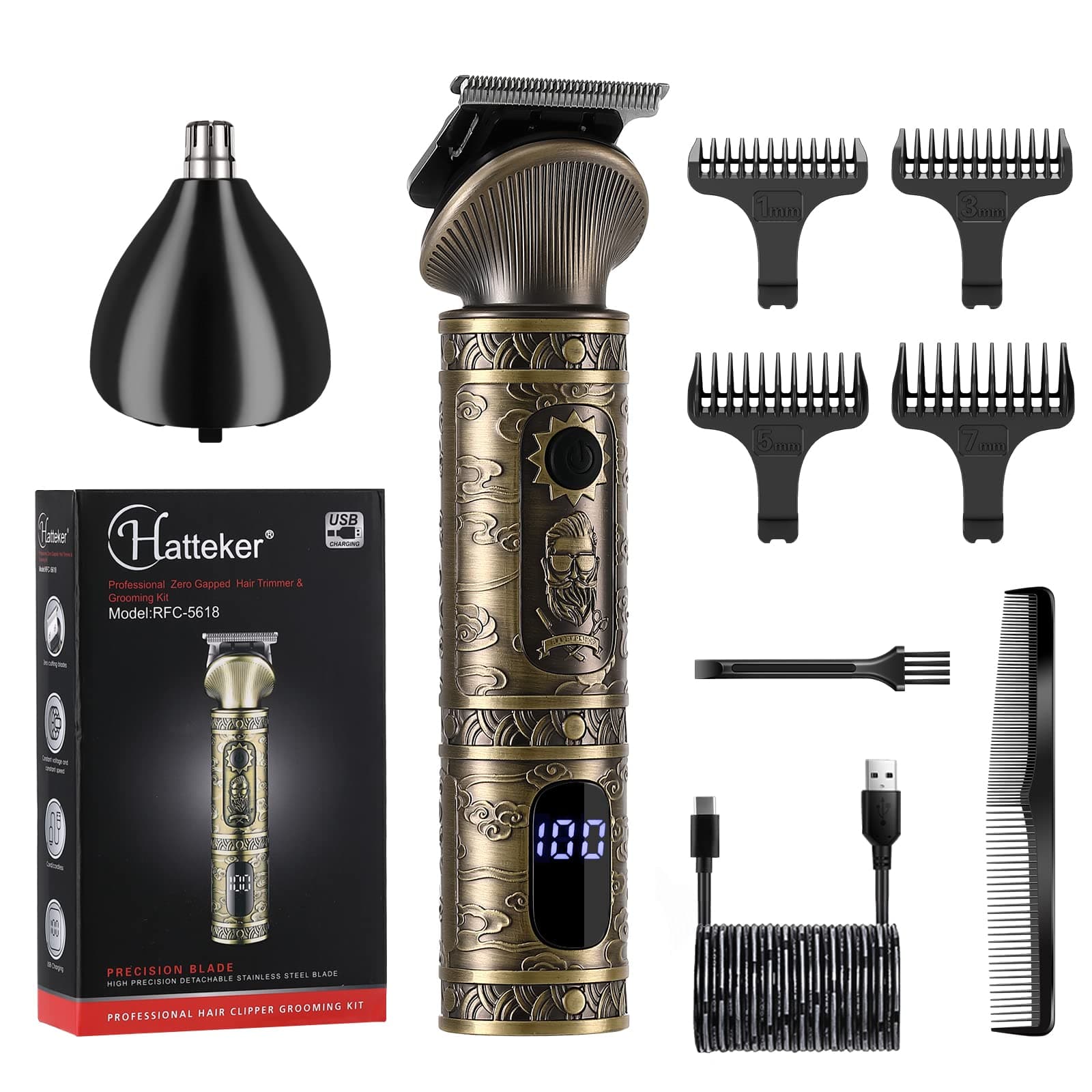 Hatteker Hair Clipper For Men Professional Zero Gapped Battery Powered Hair Beard Trimmer Grooming Kit Nose Trimmer T-Blade Hair Cut Clipper Set For Men, Vintage Gold, 1.0 Count