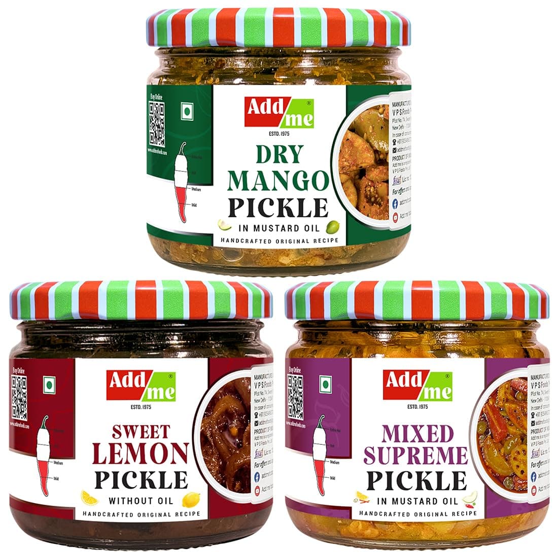 Add me home made hand made dry mango pickle sukha aam ka achar 300gm, Pachranga mixed pickle 300gm, red stuffed chilli pickle banarasi bharwa lal mirch, 300grm all in pure mustard oil mix combo gift pack Glass jar